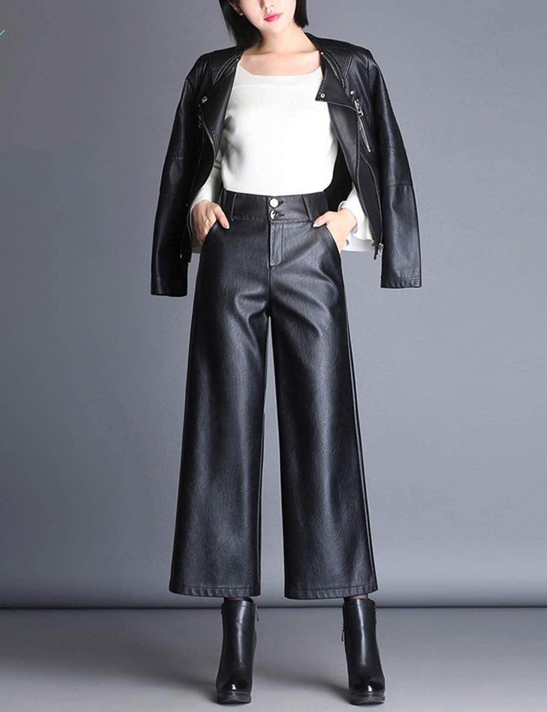 imageHaoMay Womens High Waist Wide Leg PU Faux Leather Cropped Pants CulottesBlack