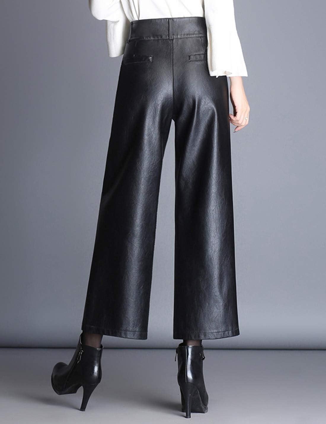 imageHaoMay Womens High Waist Wide Leg PU Faux Leather Cropped Pants CulottesBlack