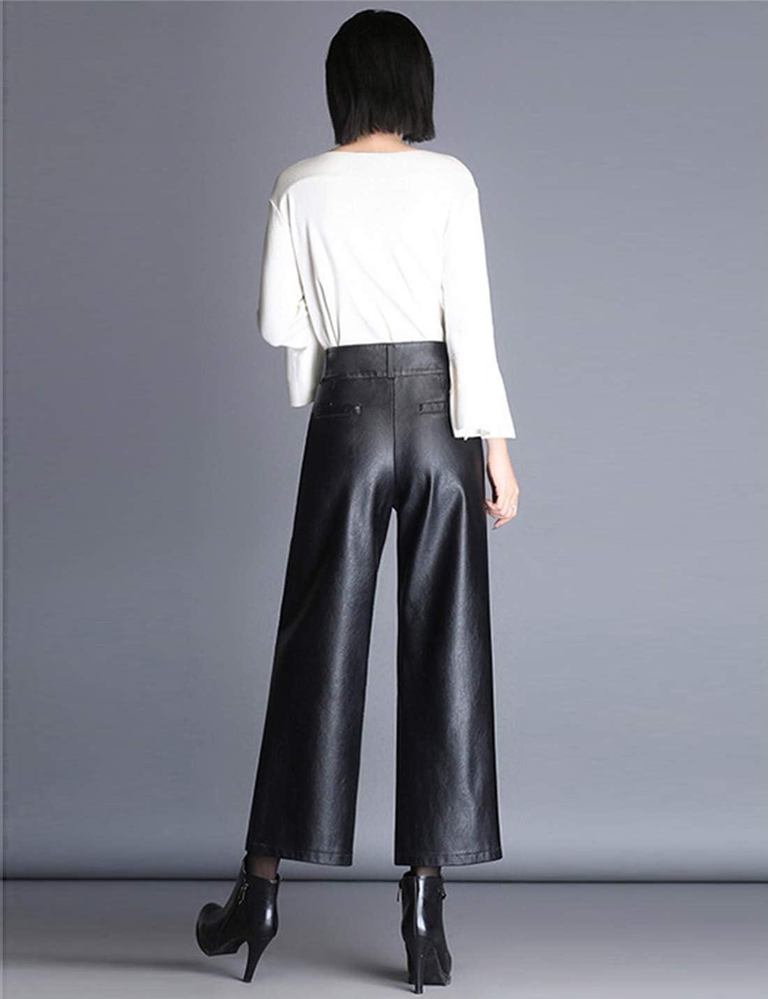 imageHaoMay Womens High Waist Wide Leg PU Faux Leather Cropped Pants CulottesBlack