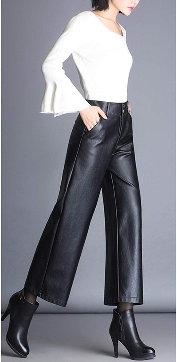 imageHaoMay Womens High Waist Wide Leg PU Faux Leather Cropped Pants CulottesBlack