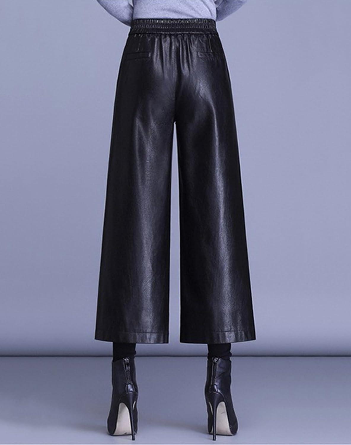 imageHaoMay Womens High Waist Wide Leg PU Faux Leather Cropped Pants CulottesBlack02