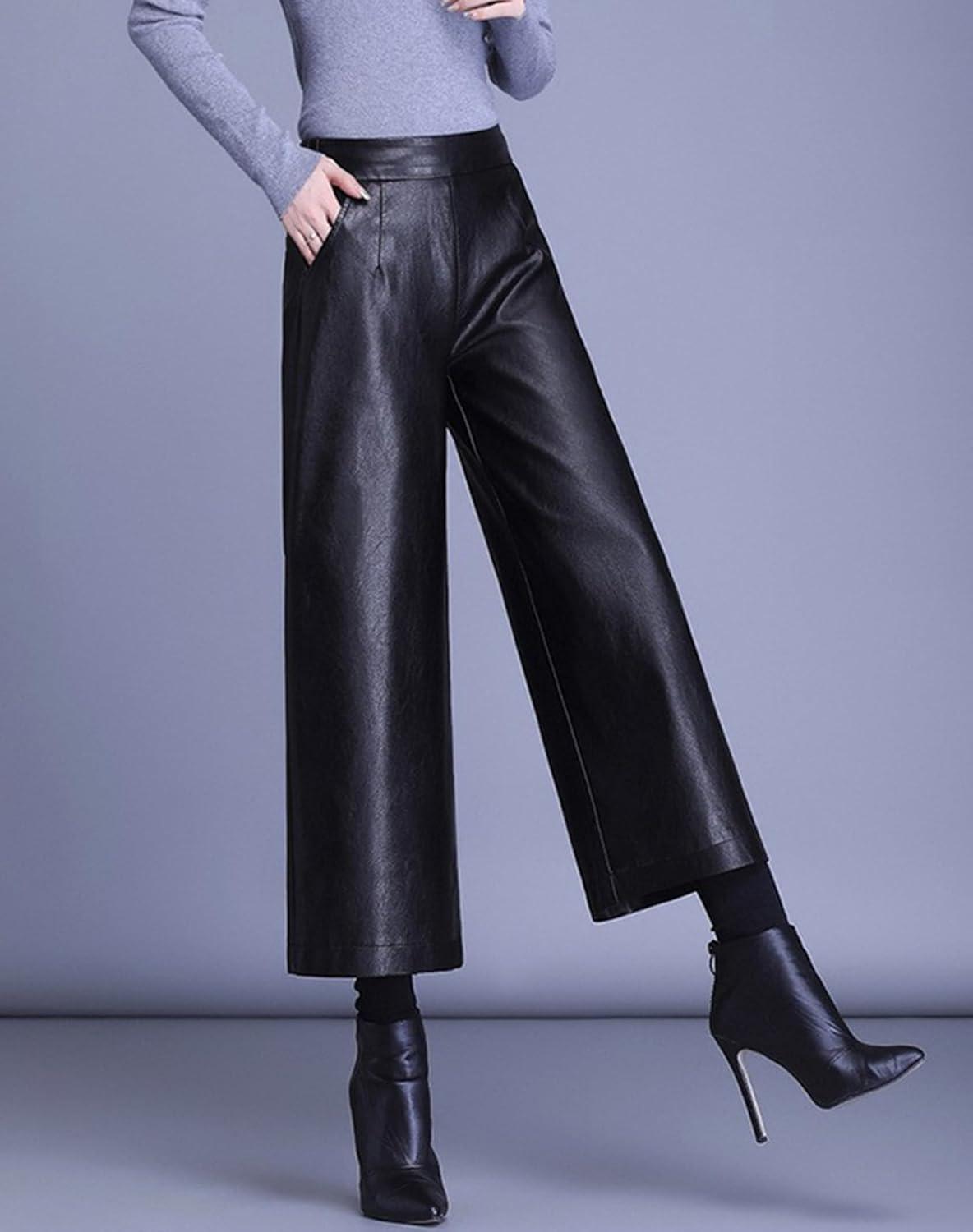imageHaoMay Womens High Waist Wide Leg PU Faux Leather Cropped Pants CulottesBlack02