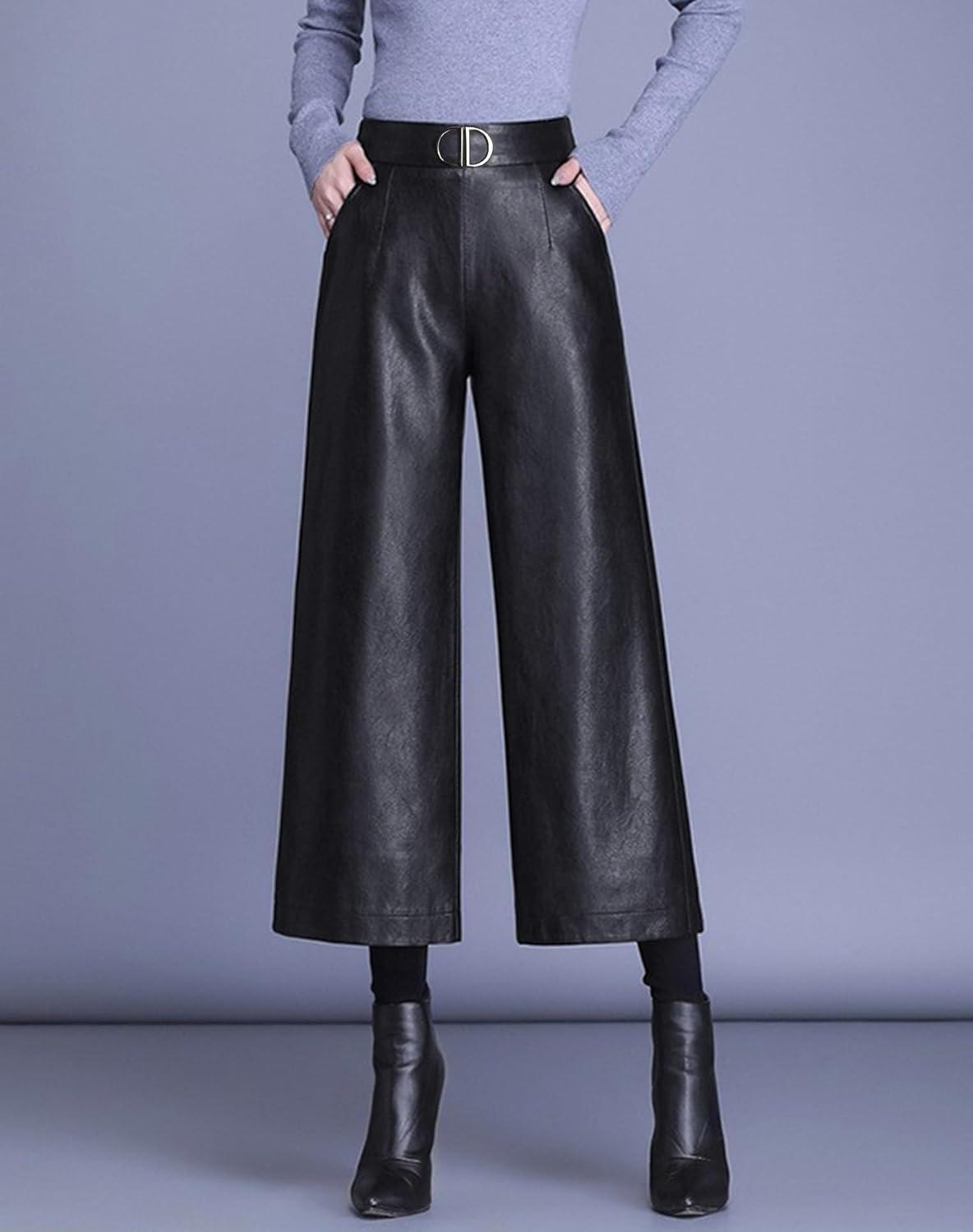imageHaoMay Womens High Waist Wide Leg PU Faux Leather Cropped Pants CulottesBlack02