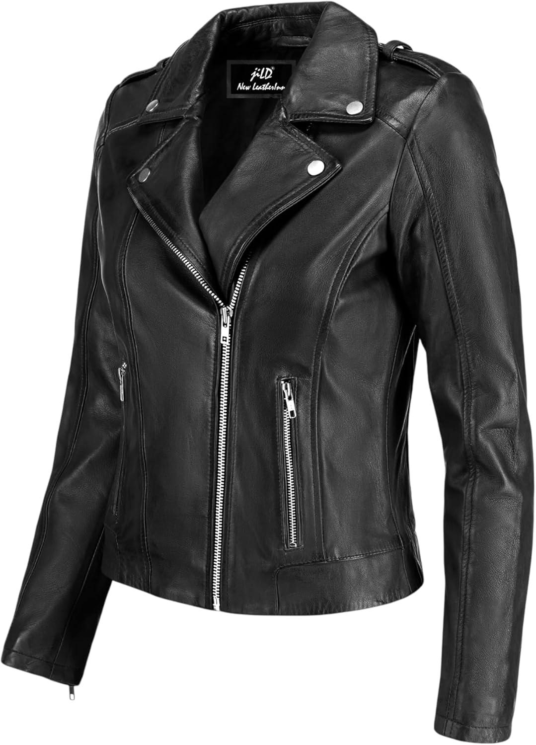 imageJild Biker Style Vintage Leather Jacket Women Casual Fashion Motorcycle ZipUp Lightweight Coat Collar Women Leather JacketBlack