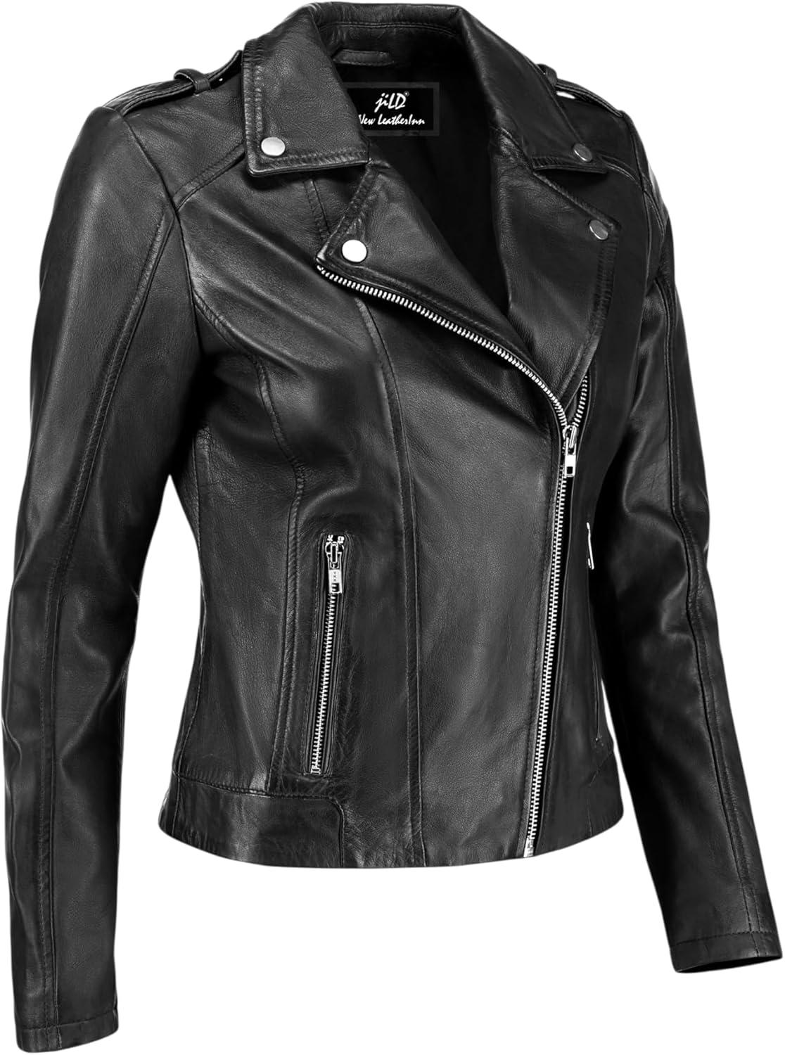 imageJild Biker Style Vintage Leather Jacket Women Casual Fashion Motorcycle ZipUp Lightweight Coat Collar Women Leather JacketBlack
