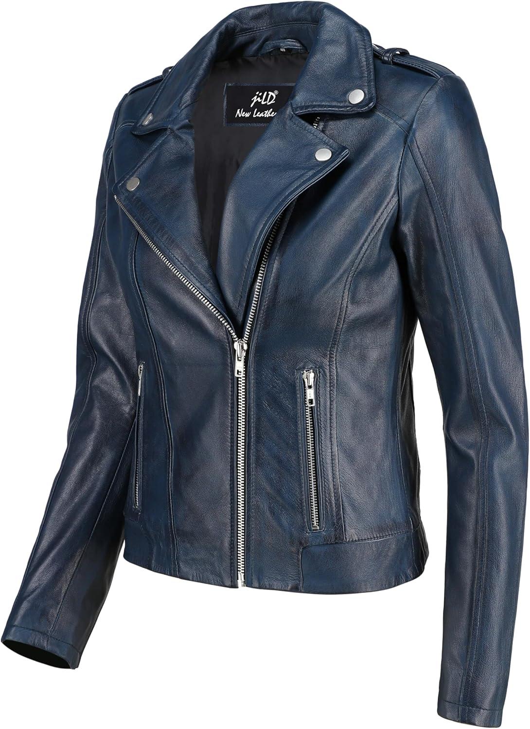 imageJild Biker Style Vintage Leather Jacket Women Casual Fashion Motorcycle ZipUp Lightweight Coat Collar Women Leather JacketBlue