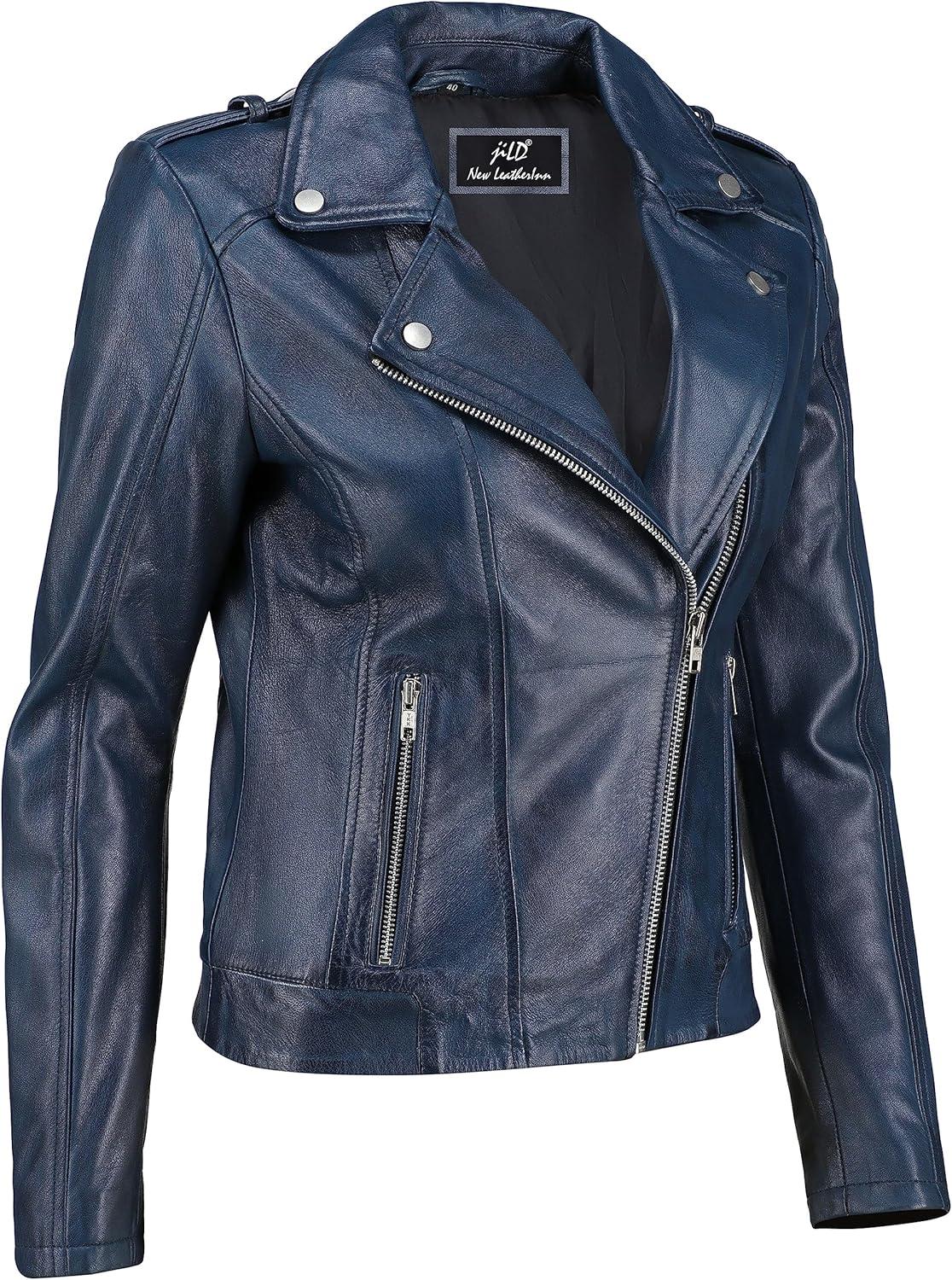imageJild Biker Style Vintage Leather Jacket Women Casual Fashion Motorcycle ZipUp Lightweight Coat Collar Women Leather JacketBlue