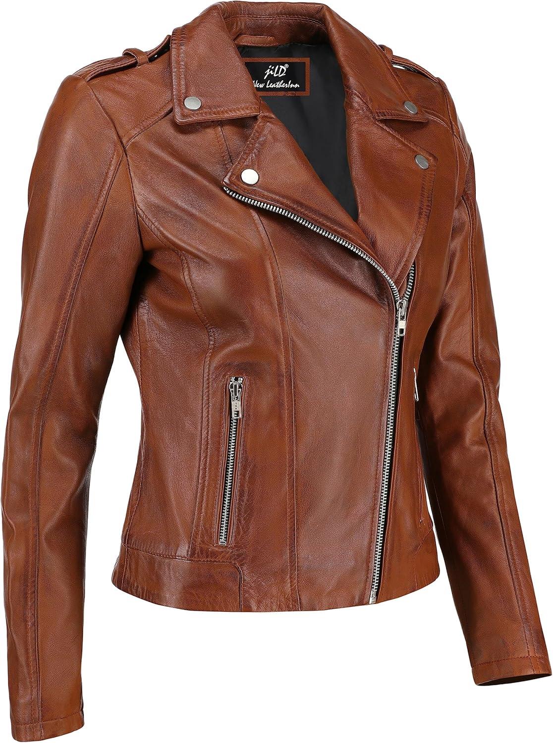 imageJild Biker Style Vintage Leather Jacket Women Casual Fashion Motorcycle ZipUp Lightweight Coat Collar Women Leather JacketCognac