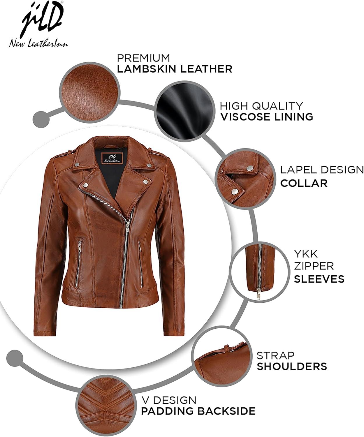 imageJild Biker Style Vintage Leather Jacket Women Casual Fashion Motorcycle ZipUp Lightweight Coat Collar Women Leather JacketCognac
