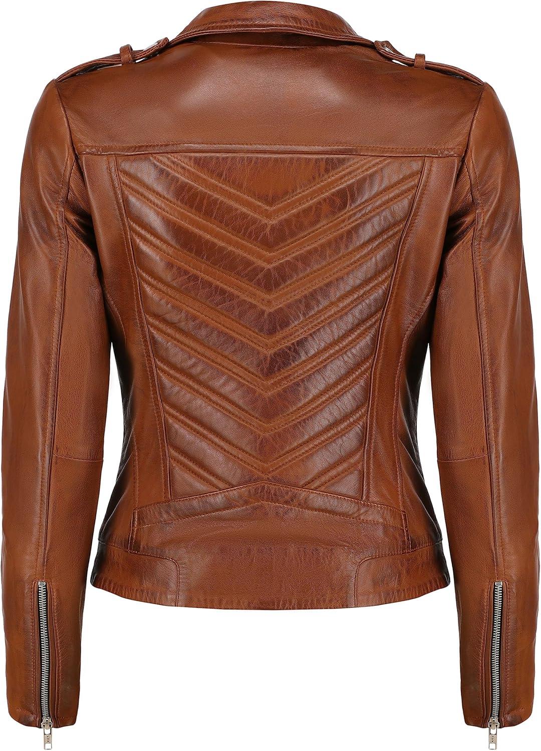 imageJild Biker Style Vintage Leather Jacket Women Casual Fashion Motorcycle ZipUp Lightweight Coat Collar Women Leather JacketCognac