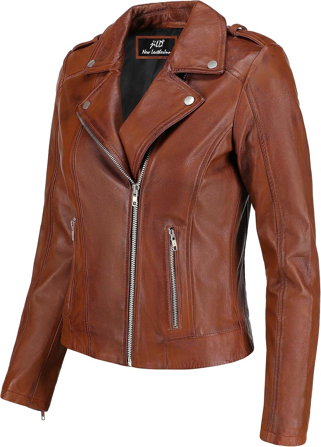 imageJild Biker Style Vintage Leather Jacket Women Casual Fashion Motorcycle ZipUp Lightweight Coat Collar Women Leather JacketCognac