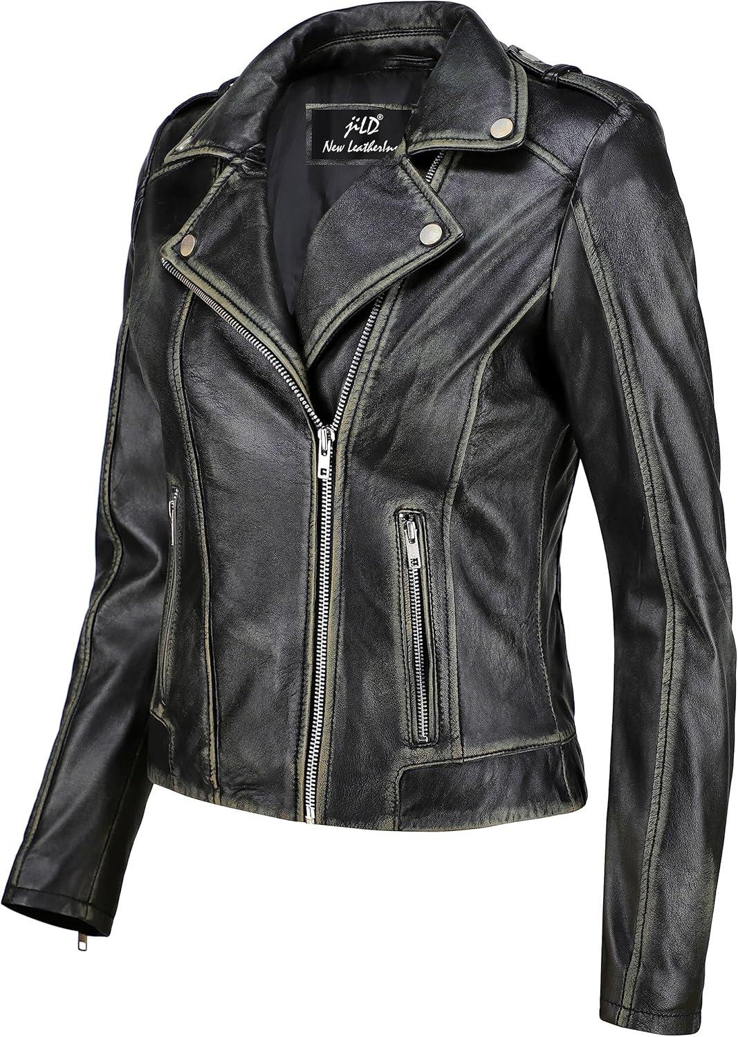imageJild Biker Style Vintage Leather Jacket Women Casual Fashion Motorcycle ZipUp Lightweight Coat Collar Women Leather JacketDistressed