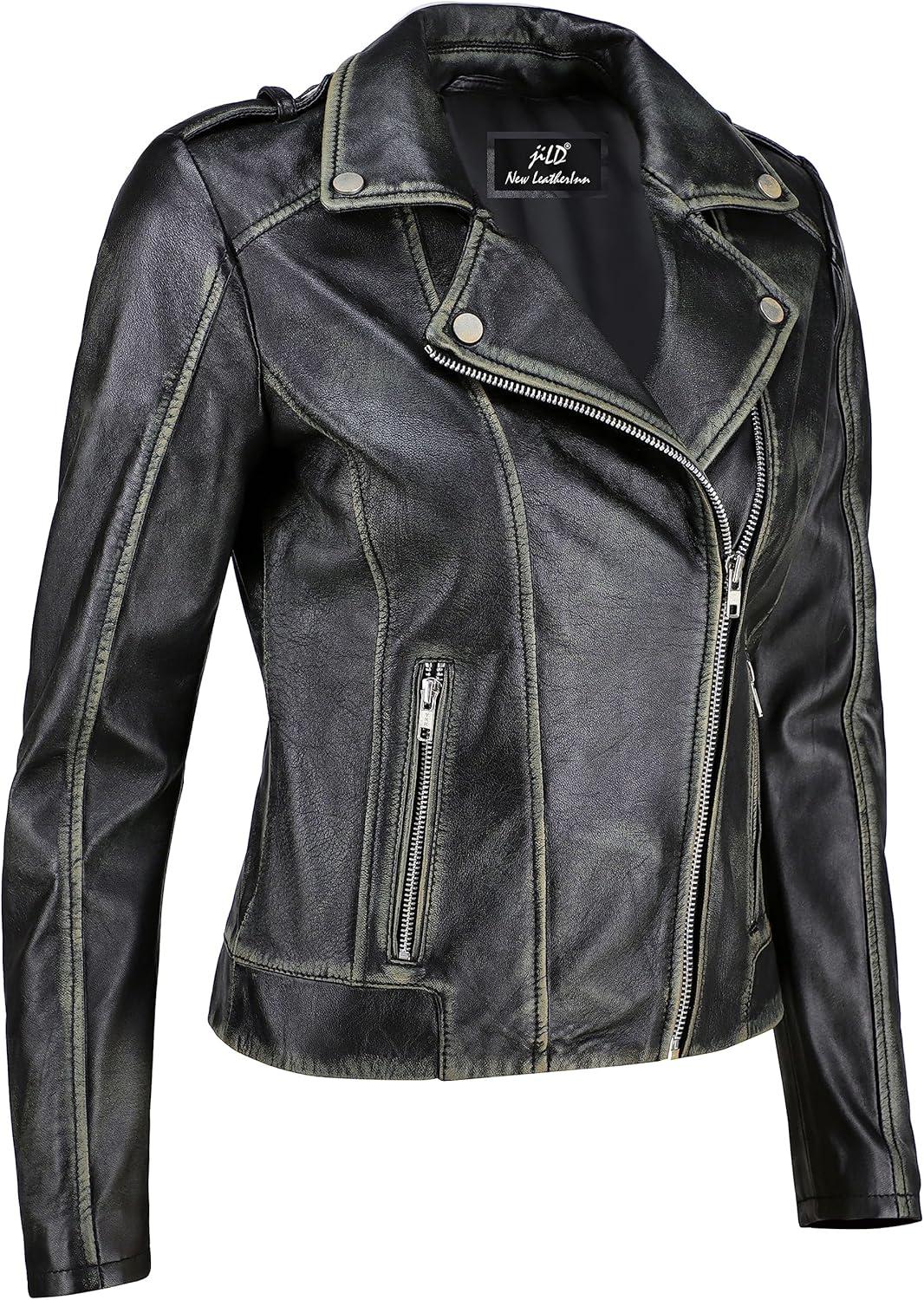 imageJild Biker Style Vintage Leather Jacket Women Casual Fashion Motorcycle ZipUp Lightweight Coat Collar Women Leather JacketDistressed