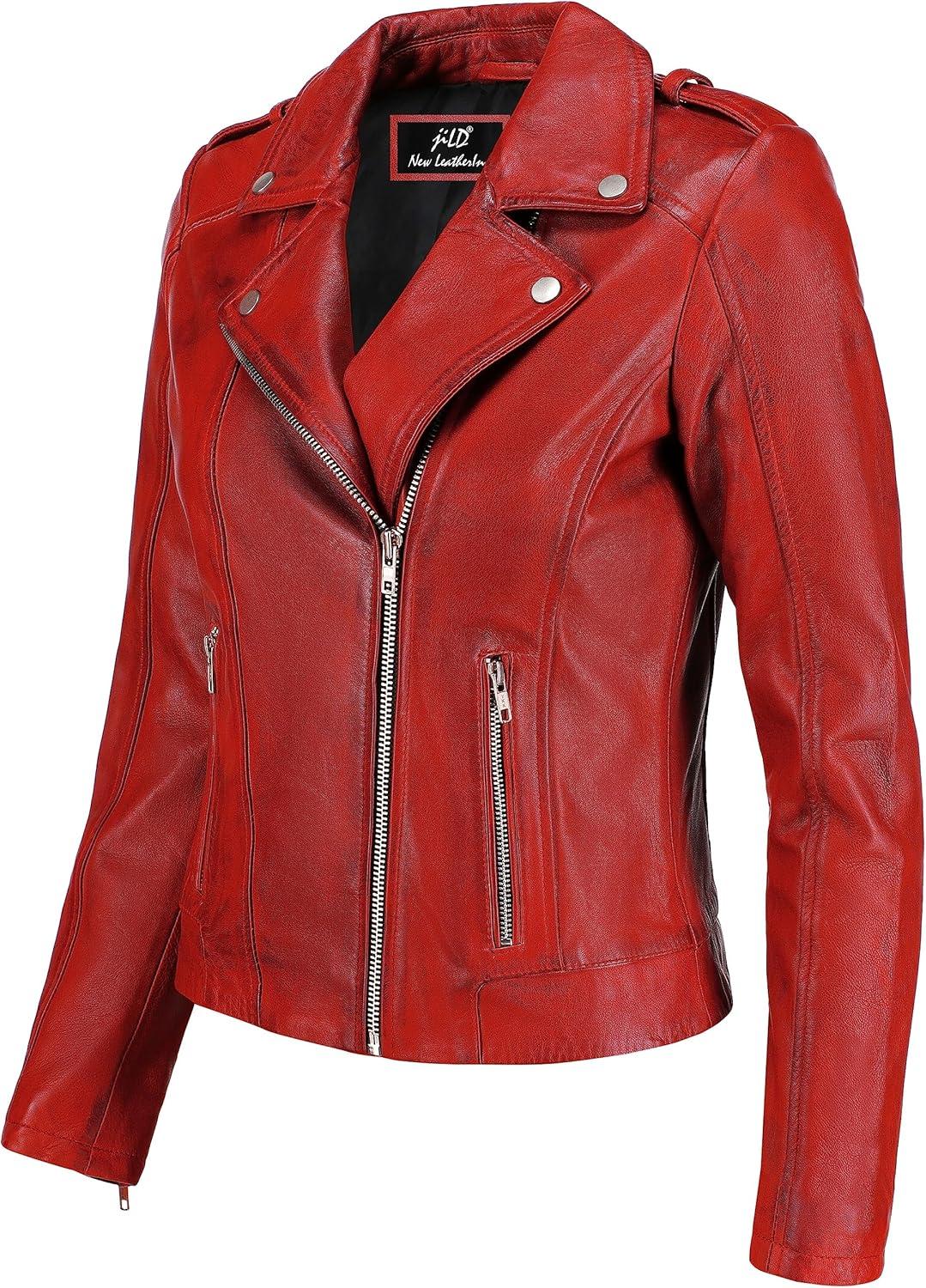 imageJild Biker Style Vintage Leather Jacket Women Casual Fashion Motorcycle ZipUp Lightweight Coat Collar Women Leather JacketRed