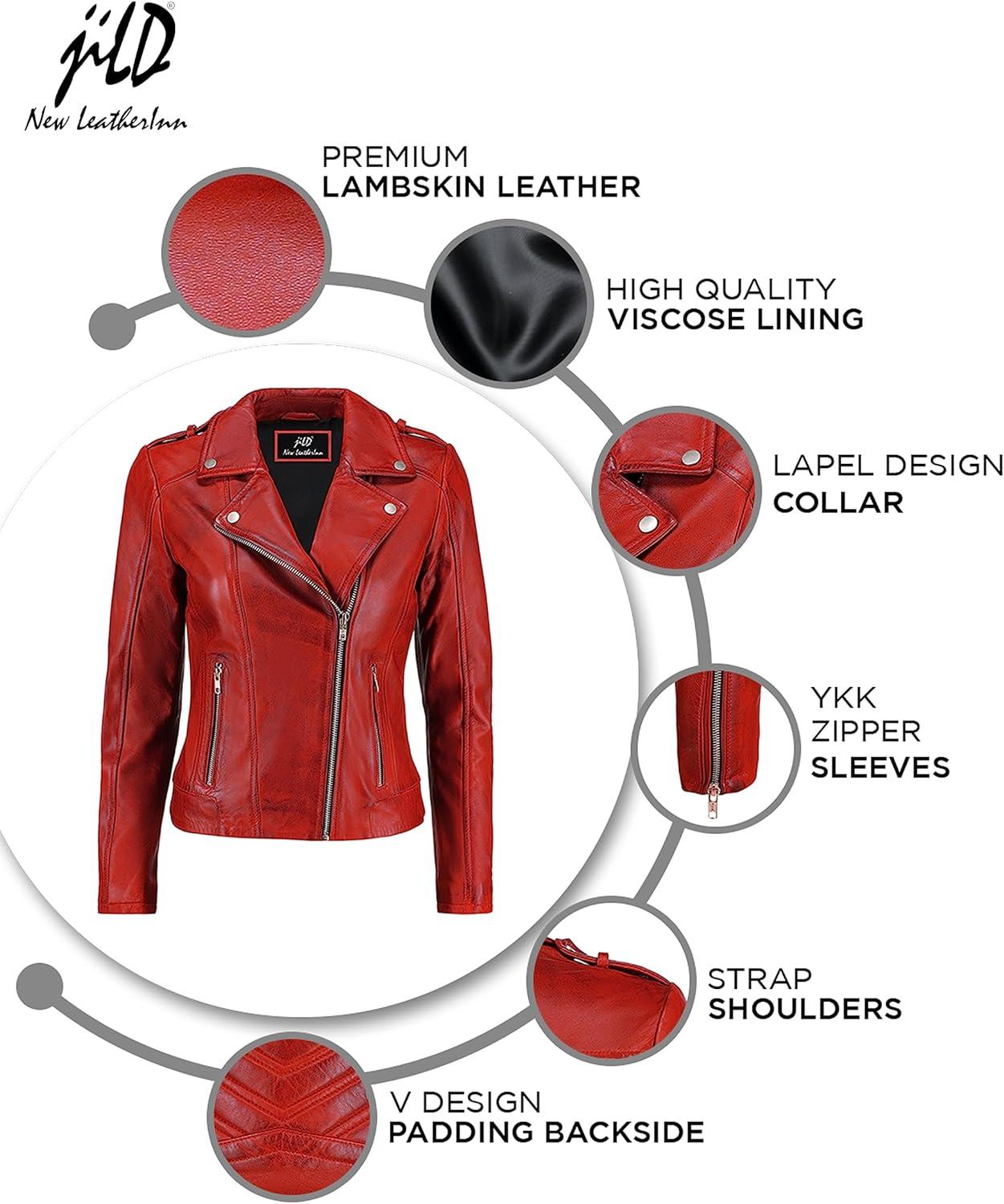 imageJild Biker Style Vintage Leather Jacket Women Casual Fashion Motorcycle ZipUp Lightweight Coat Collar Women Leather JacketRed