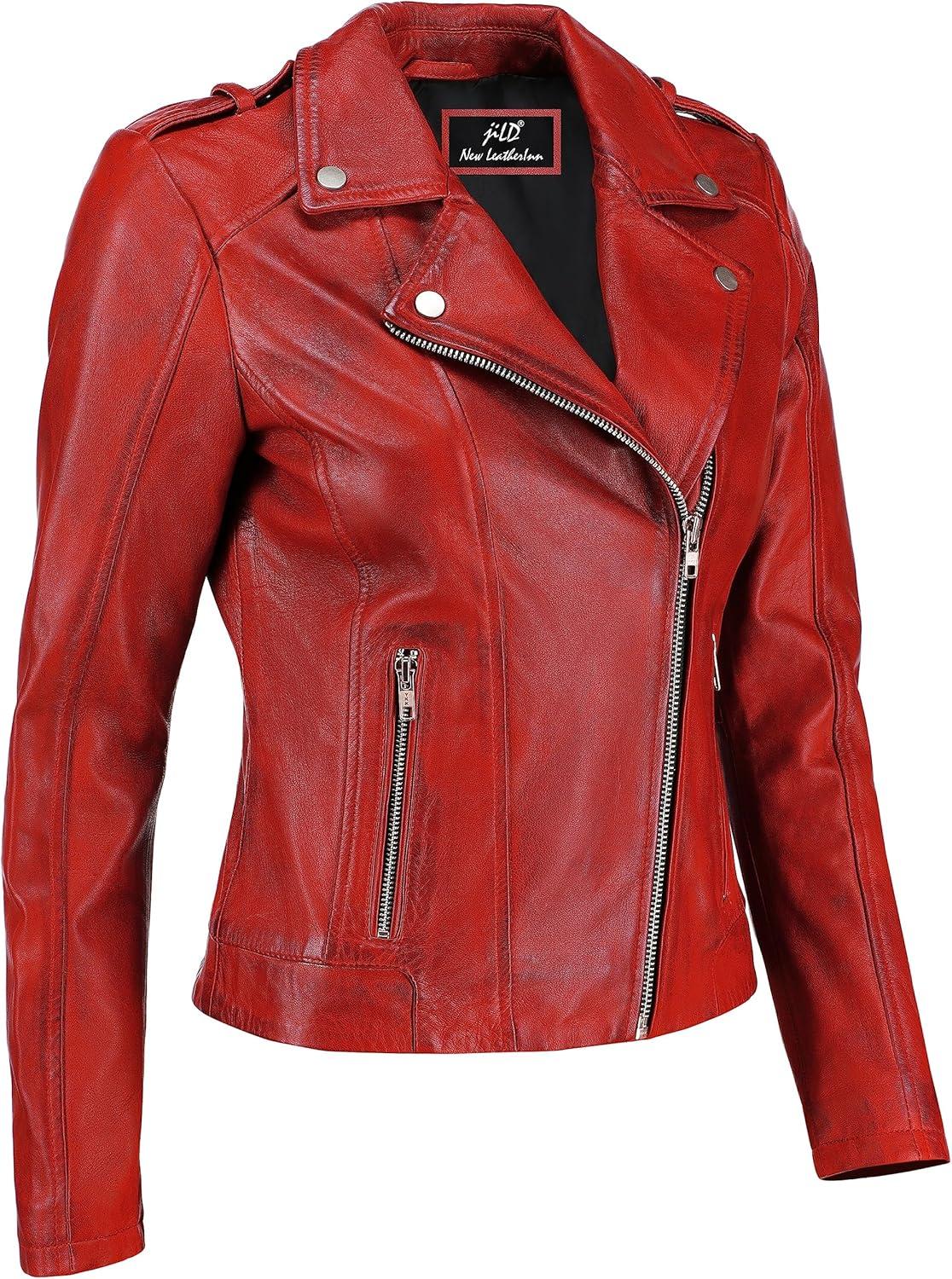 imageJild Biker Style Vintage Leather Jacket Women Casual Fashion Motorcycle ZipUp Lightweight Coat Collar Women Leather JacketRed