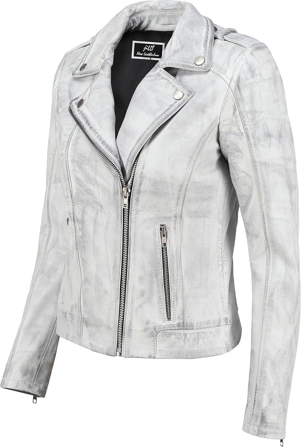 imageJild Biker Style Vintage Leather Jacket Women Casual Fashion Motorcycle ZipUp Lightweight Coat Collar Women Leather JacketWhite