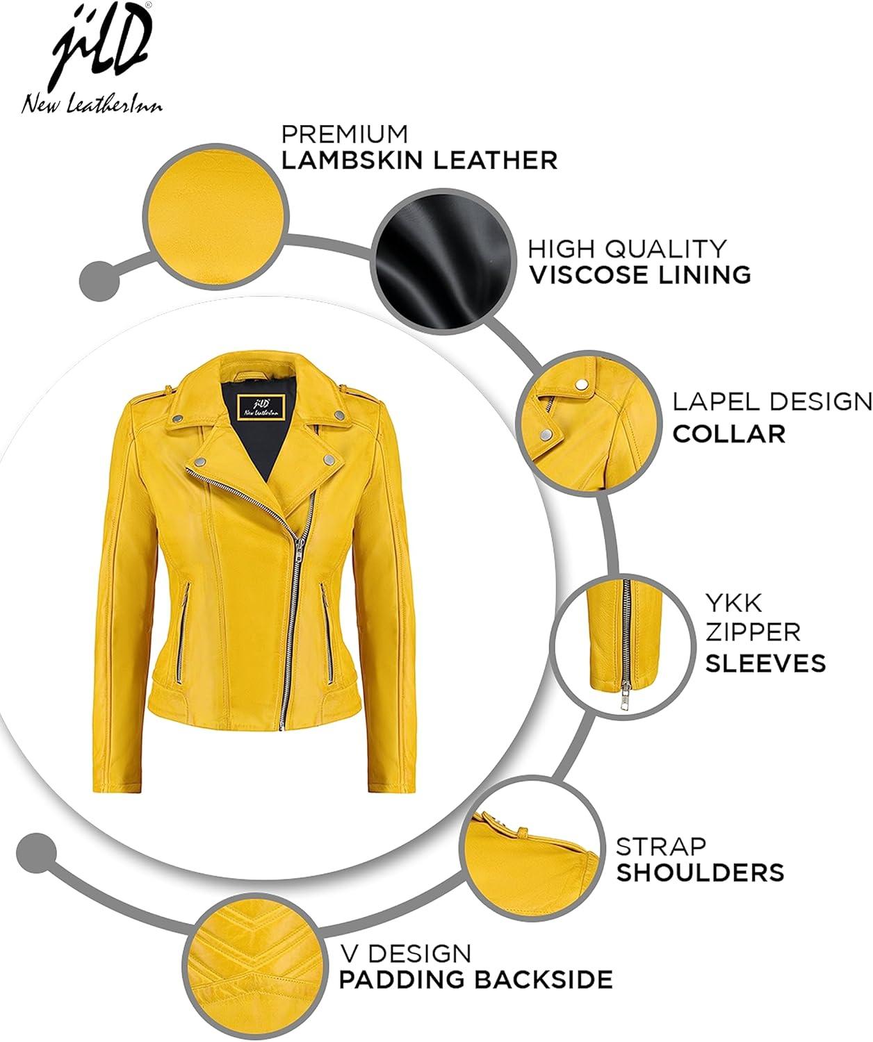 imageJild Biker Style Vintage Leather Jacket Women Casual Fashion Motorcycle ZipUp Lightweight Coat Collar Women Leather JacketYellow
