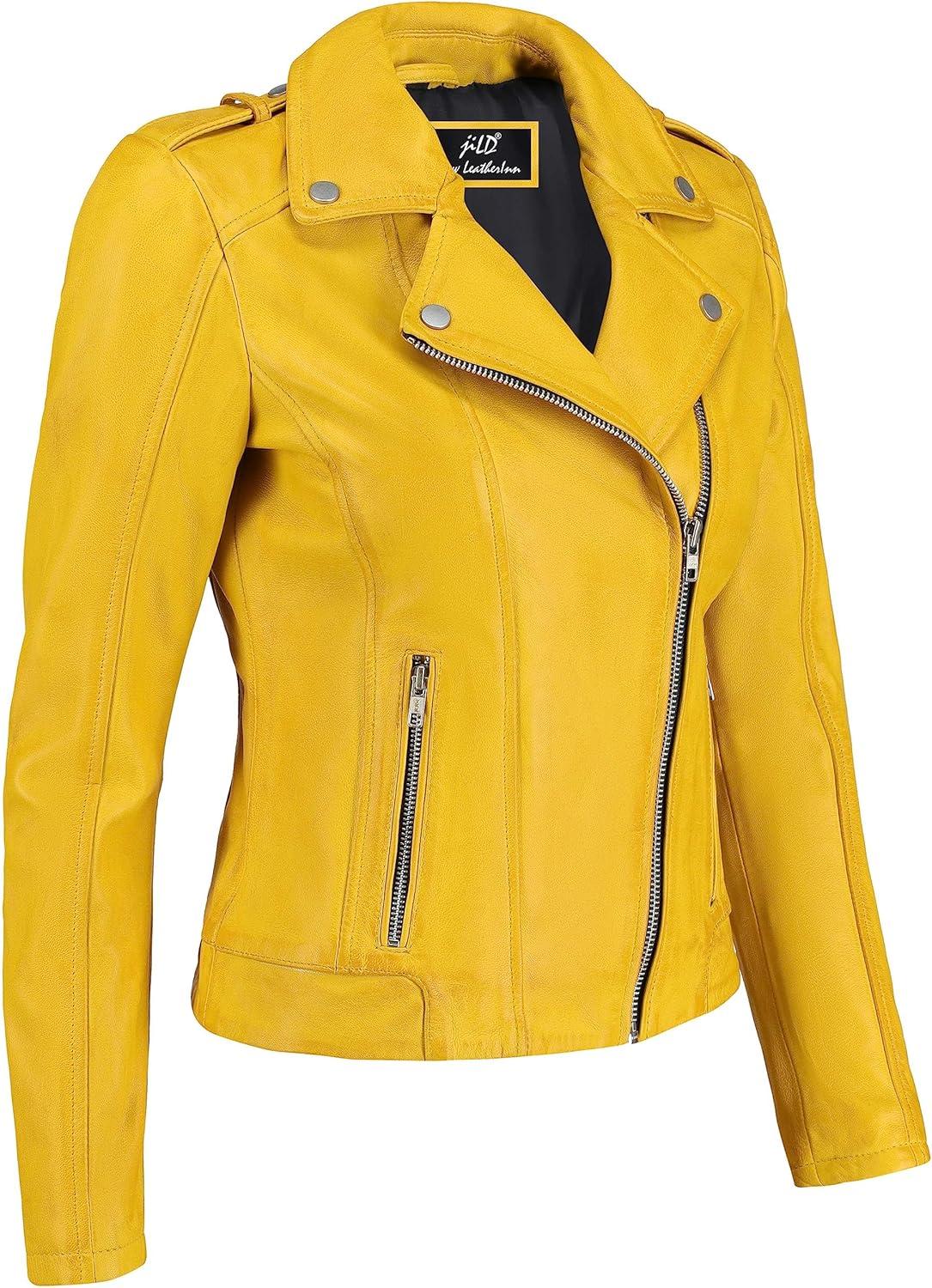 imageJild Biker Style Vintage Leather Jacket Women Casual Fashion Motorcycle ZipUp Lightweight Coat Collar Women Leather JacketYellow