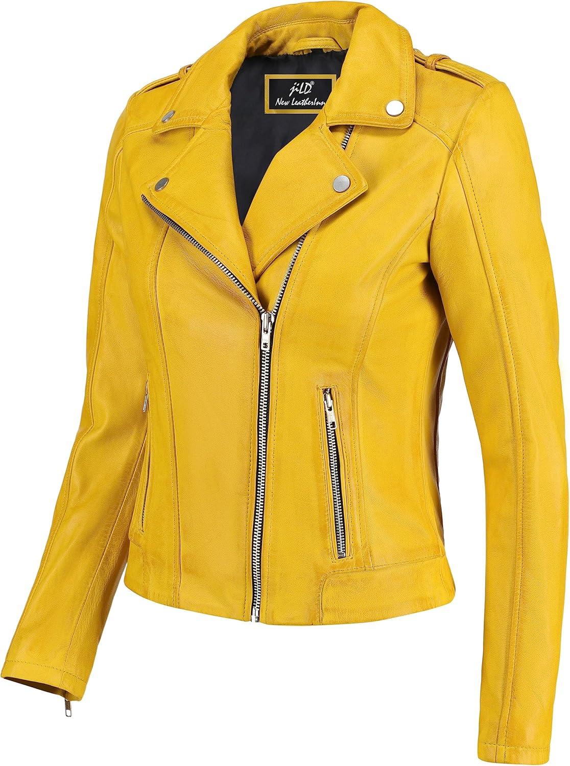 imageJild Biker Style Vintage Leather Jacket Women Casual Fashion Motorcycle ZipUp Lightweight Coat Collar Women Leather JacketYellow