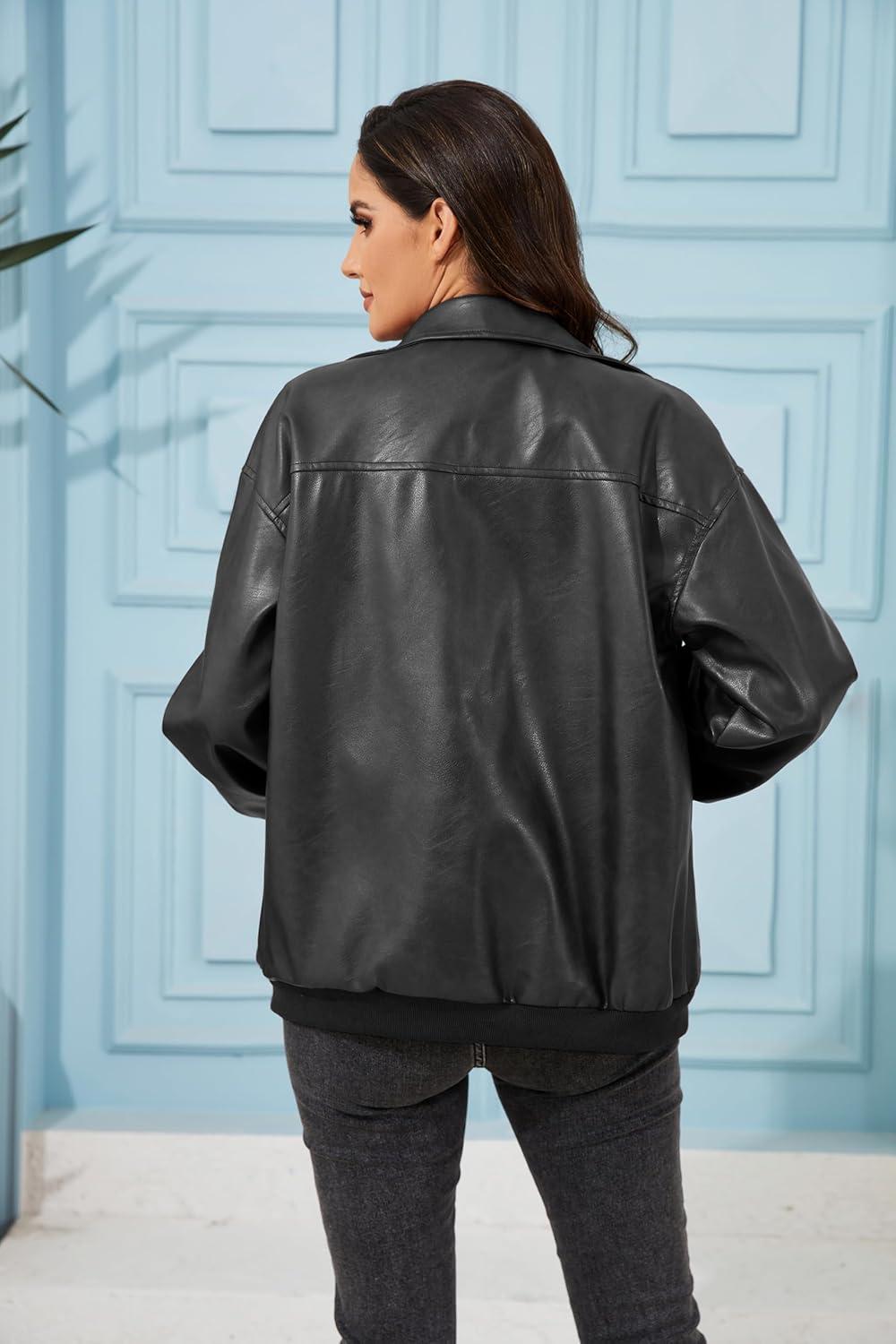 imageKWSTAIN Leather Jacket Women Vintage Washed Faux Oversized Casual Motorcycle Biker Bomber Coats With Pockets 2025 Y2K TrendyBlack