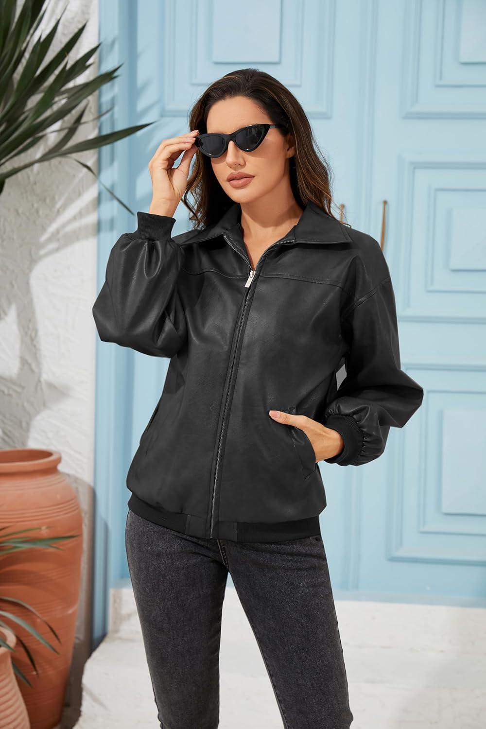imageKWSTAIN Leather Jacket Women Vintage Washed Faux Oversized Casual Motorcycle Biker Bomber Coats With Pockets 2025 Y2K TrendyBlack