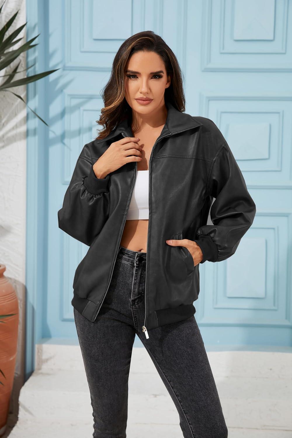 imageKWSTAIN Leather Jacket Women Vintage Washed Faux Oversized Casual Motorcycle Biker Bomber Coats With Pockets 2025 Y2K TrendyBlack