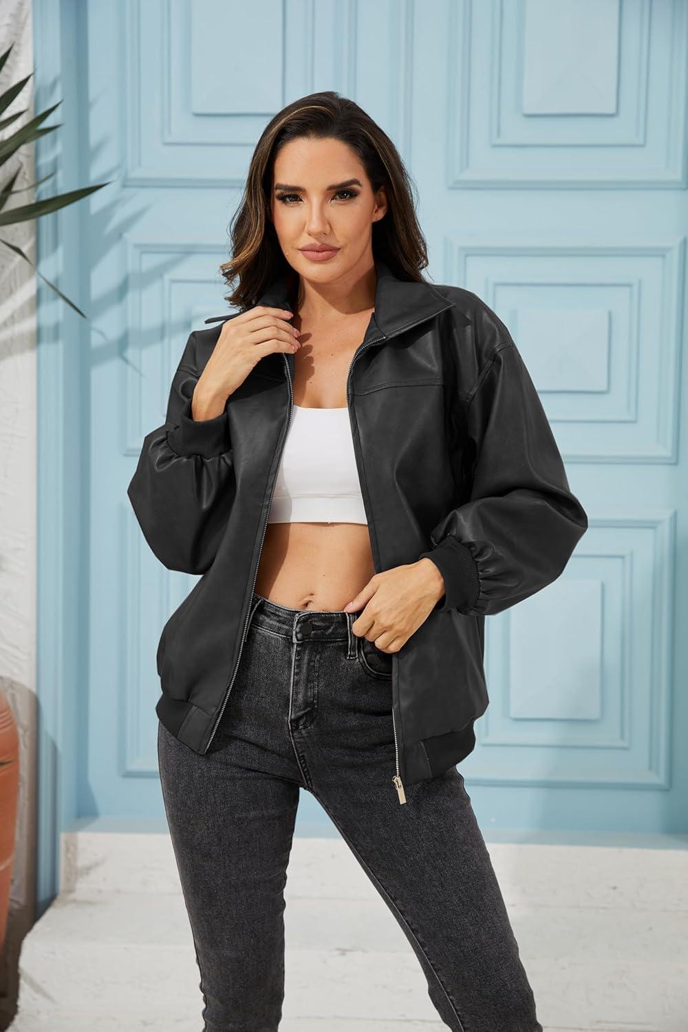 imageKWSTAIN Leather Jacket Women Vintage Washed Faux Oversized Casual Motorcycle Biker Bomber Coats With Pockets 2025 Y2K TrendyBlack