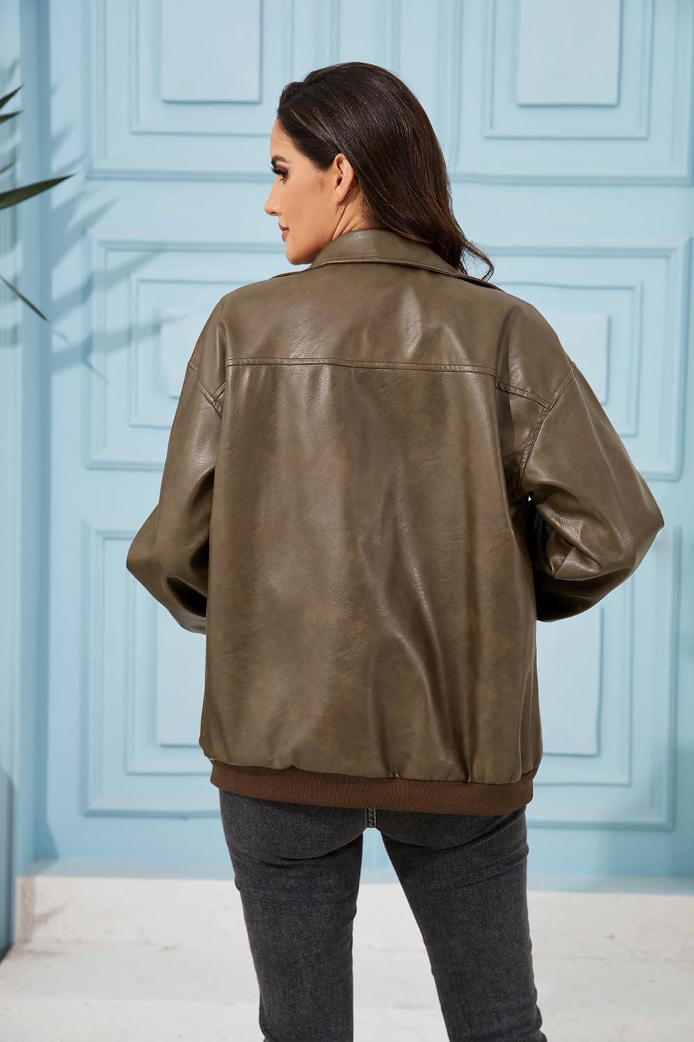 imageKWSTAIN Leather Jacket Women Vintage Washed Faux Oversized Casual Motorcycle Biker Bomber Coats With Pockets 2025 Y2K TrendyBrown
