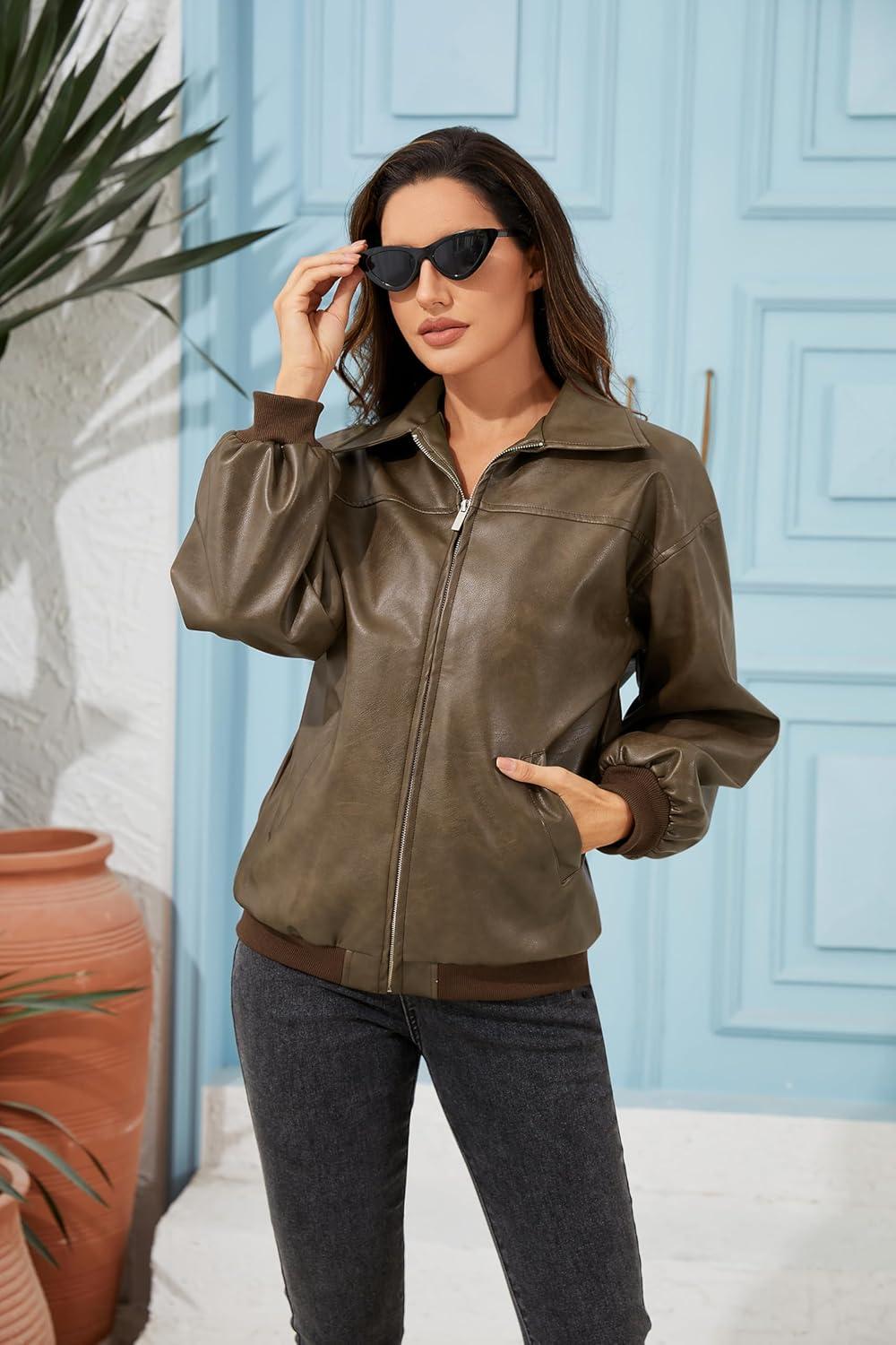 imageKWSTAIN Leather Jacket Women Vintage Washed Faux Oversized Casual Motorcycle Biker Bomber Coats With Pockets 2025 Y2K TrendyBrown