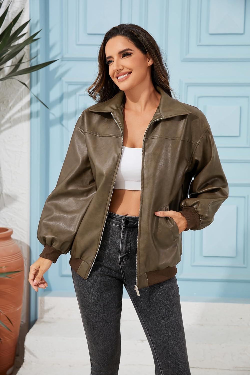 imageKWSTAIN Leather Jacket Women Vintage Washed Faux Oversized Casual Motorcycle Biker Bomber Coats With Pockets 2025 Y2K TrendyBrown