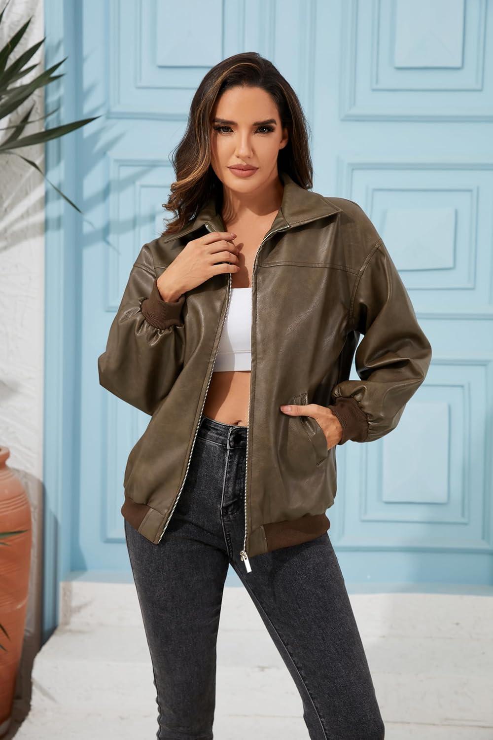 imageKWSTAIN Leather Jacket Women Vintage Washed Faux Oversized Casual Motorcycle Biker Bomber Coats With Pockets 2025 Y2K TrendyBrown