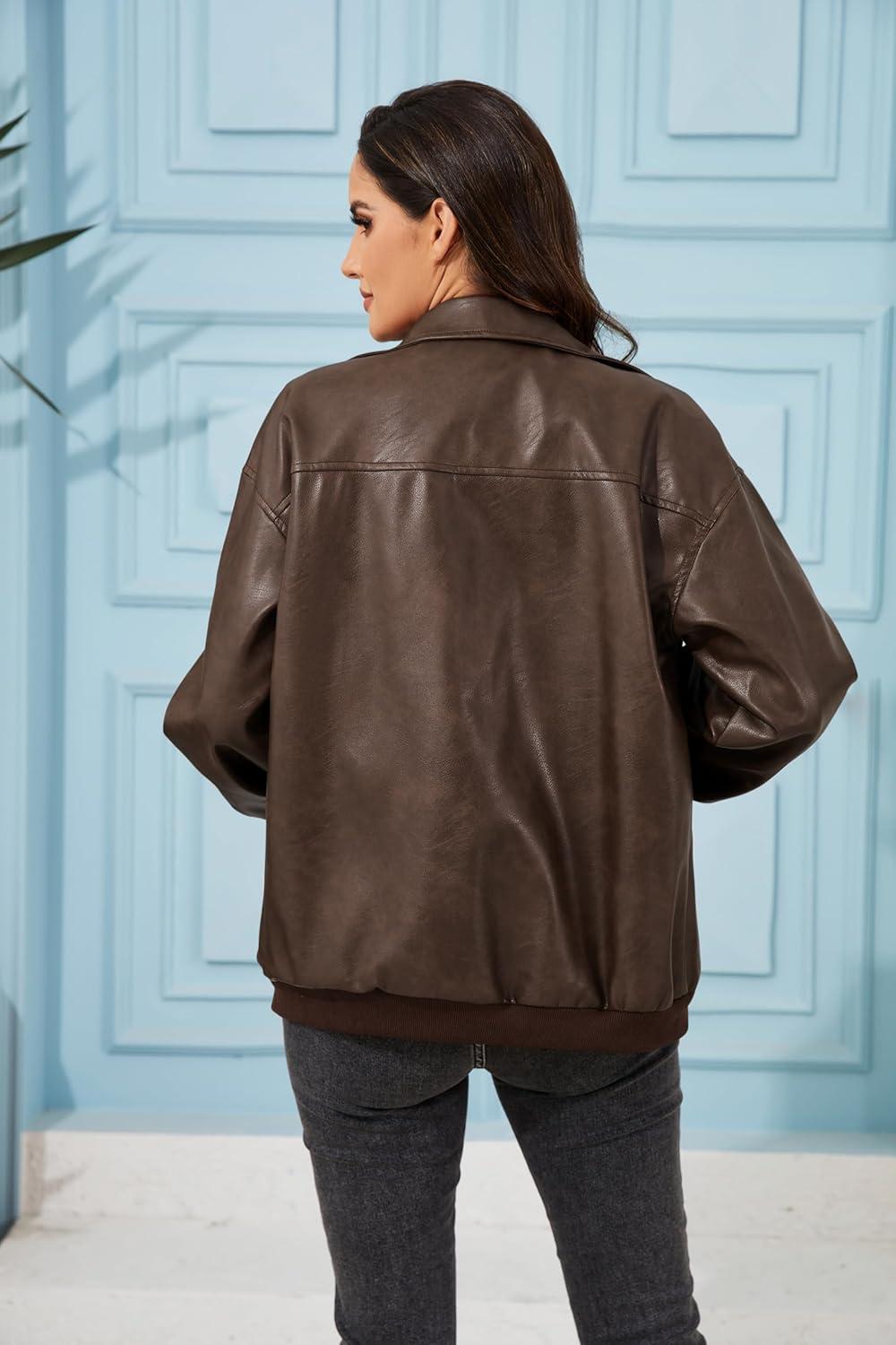 imageKWSTAIN Leather Jacket Women Vintage Washed Faux Oversized Casual Motorcycle Biker Bomber Coats With Pockets 2025 Y2K TrendyDark Brown