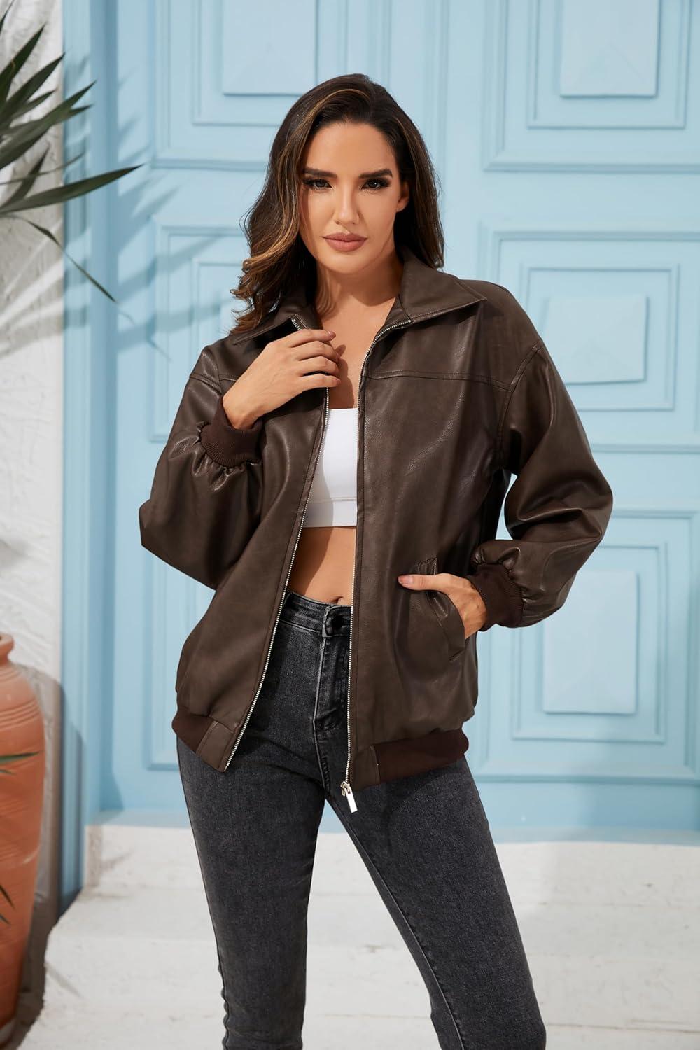 imageKWSTAIN Leather Jacket Women Vintage Washed Faux Oversized Casual Motorcycle Biker Bomber Coats With Pockets 2025 Y2K TrendyDark Brown