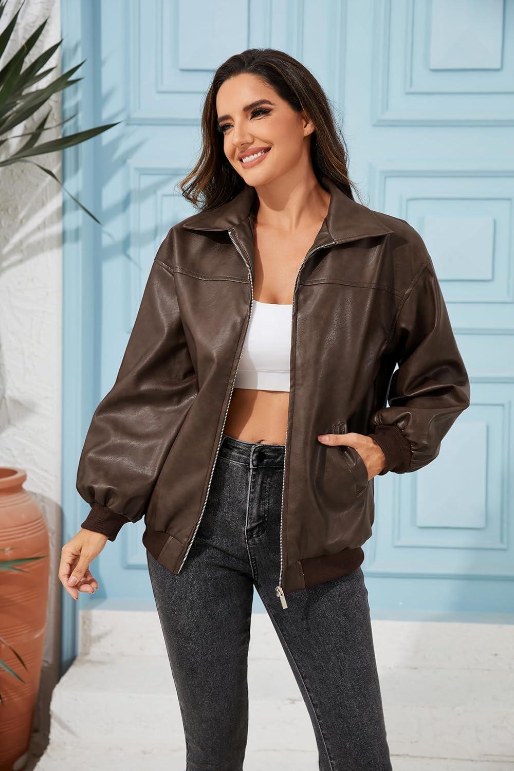 imageKWSTAIN Leather Jacket Women Vintage Washed Faux Oversized Casual Motorcycle Biker Bomber Coats With Pockets 2025 Y2K TrendyDark Brown