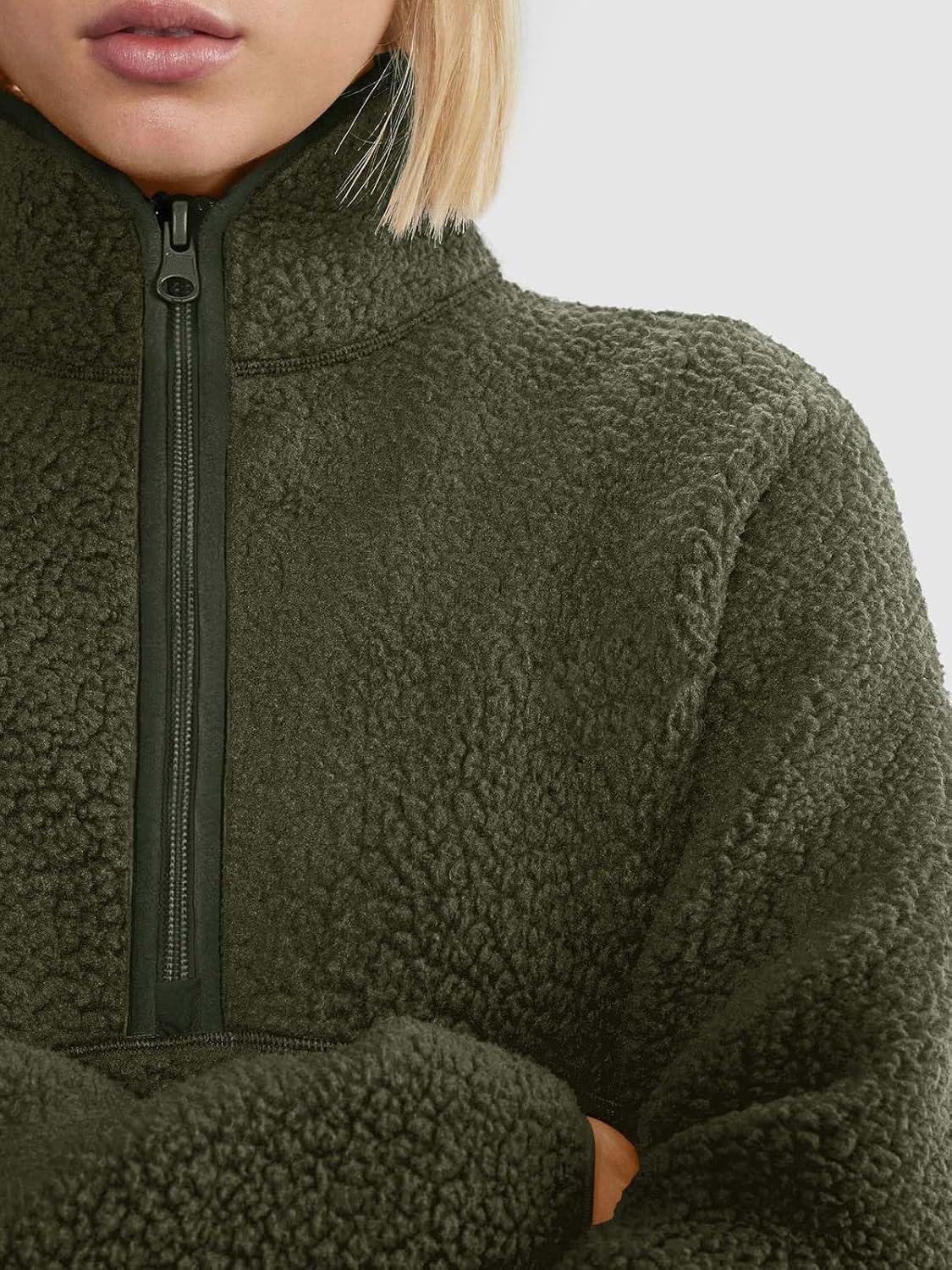 imageLASLULU Womens Half Zip Pullover Cropped Sweatshirts Sherpa Fleece Jacket Fuzzy Sweaters Cute Winter Jackets with PocketsArmy Green