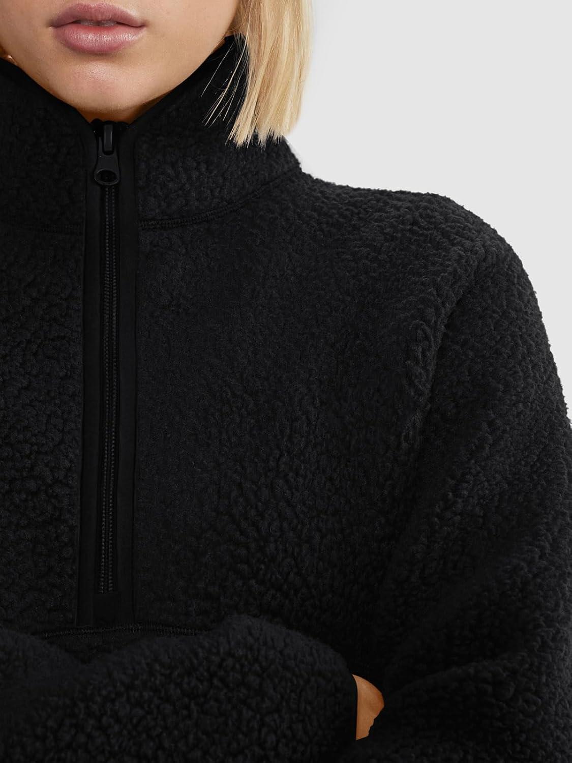 imageLASLULU Womens Half Zip Pullover Cropped Sweatshirts Sherpa Fleece Jacket Fuzzy Sweaters Cute Winter Jackets with PocketsBlack