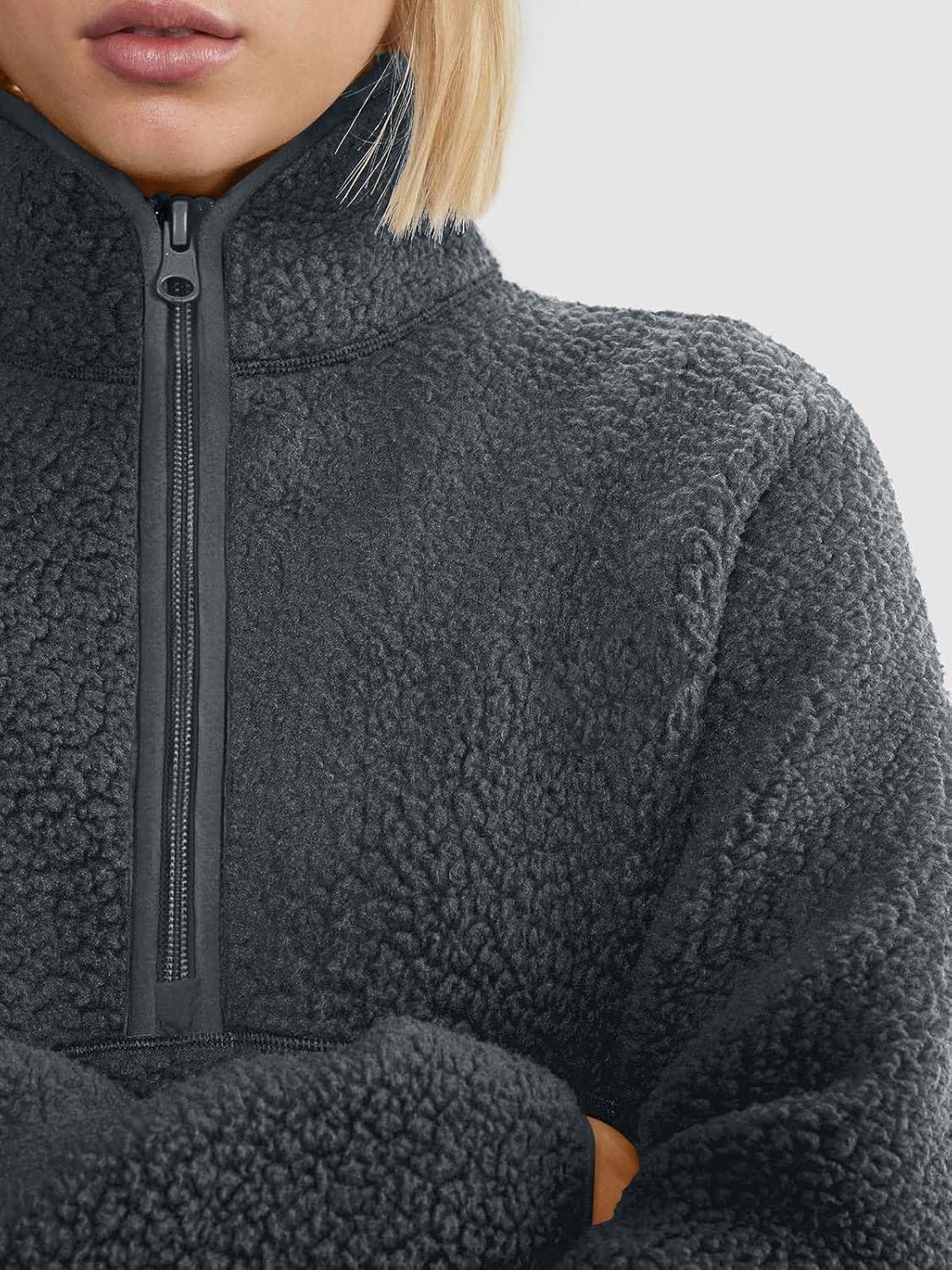 imageLASLULU Womens Half Zip Pullover Cropped Sweatshirts Sherpa Fleece Jacket Fuzzy Sweaters Cute Winter Jackets with PocketsDark Grey