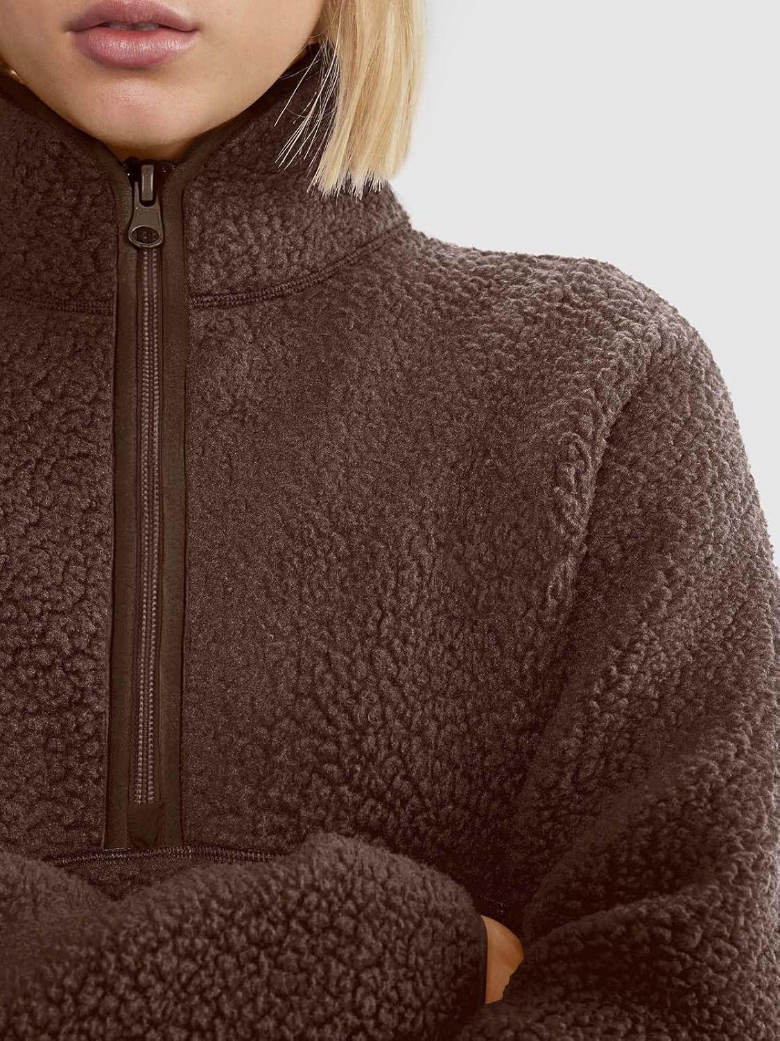 imageLASLULU Womens Half Zip Pullover Cropped Sweatshirts Sherpa Fleece Jacket Fuzzy Sweaters Cute Winter Jackets with PocketsEspresso