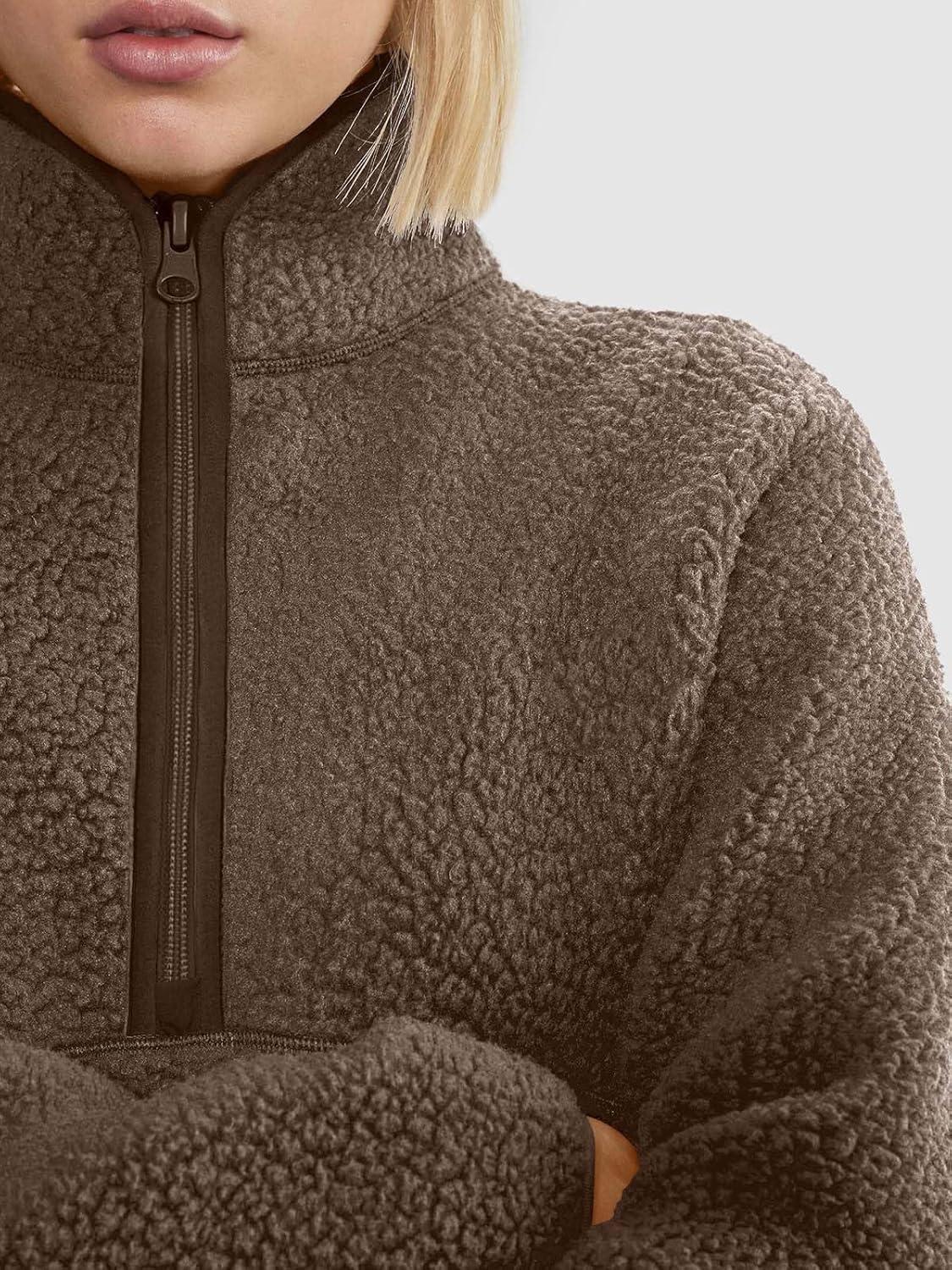 imageLASLULU Womens Half Zip Pullover Cropped Sweatshirts Sherpa Fleece Jacket Fuzzy Sweaters Cute Winter Jackets with PocketsGravel