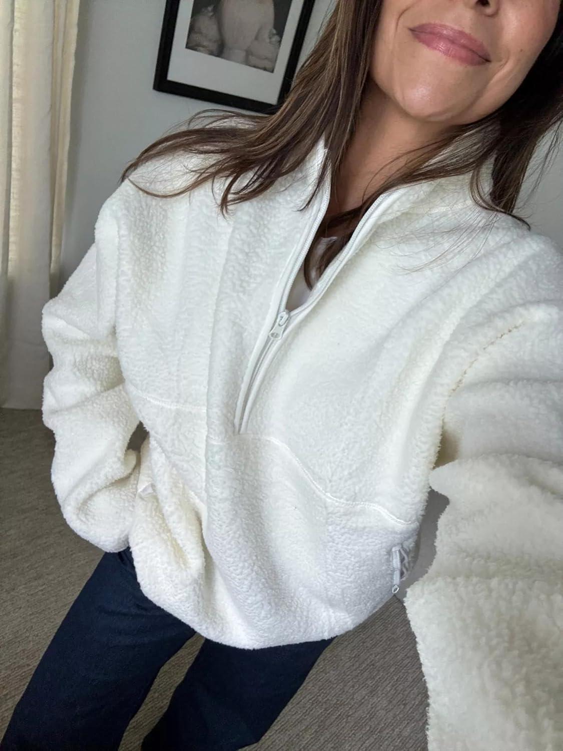 imageLASLULU Womens Half Zip Pullover Cropped Sweatshirts Sherpa Fleece Jacket Fuzzy Sweaters Cute Winter Jackets with PocketsIvory