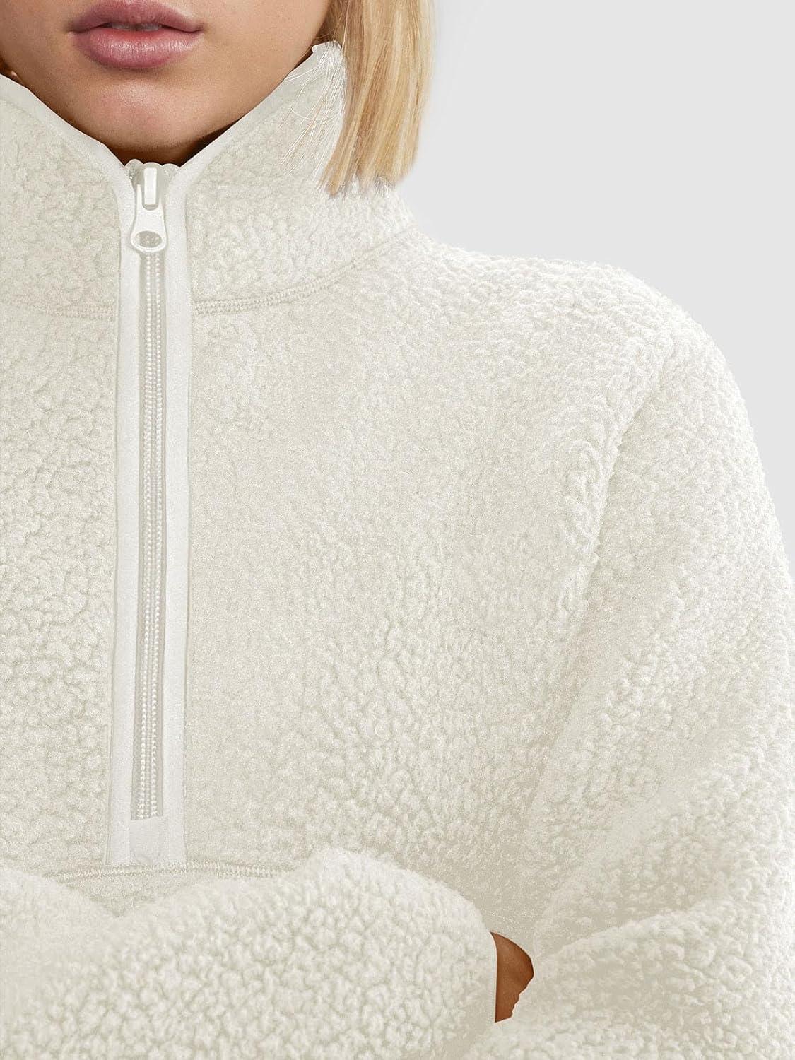 imageLASLULU Womens Half Zip Pullover Cropped Sweatshirts Sherpa Fleece Jacket Fuzzy Sweaters Cute Winter Jackets with PocketsIvory