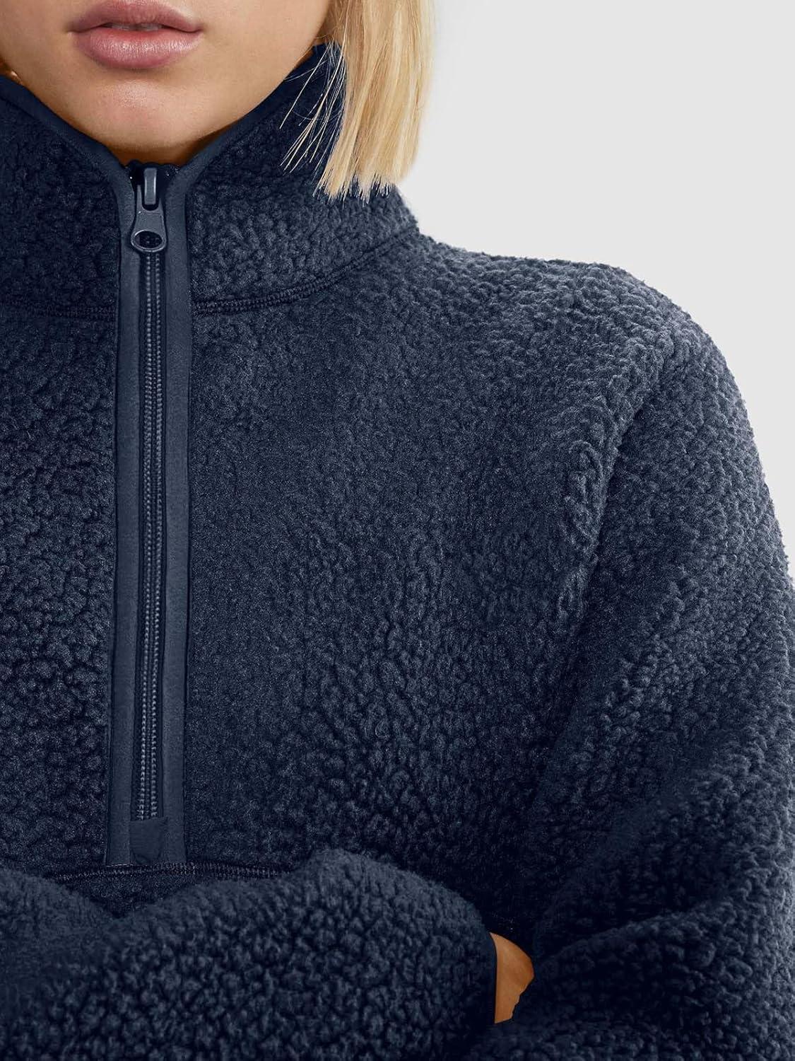 imageLASLULU Womens Half Zip Pullover Cropped Sweatshirts Sherpa Fleece Jacket Fuzzy Sweaters Cute Winter Jackets with PocketsNavy Blue