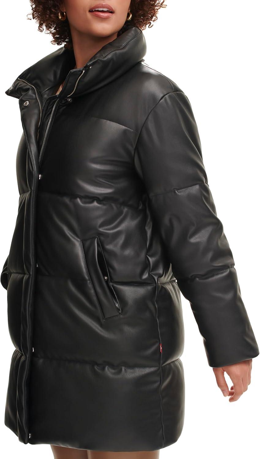 imageLevis womens Faux Leather Midlength Puffer CoatBlack