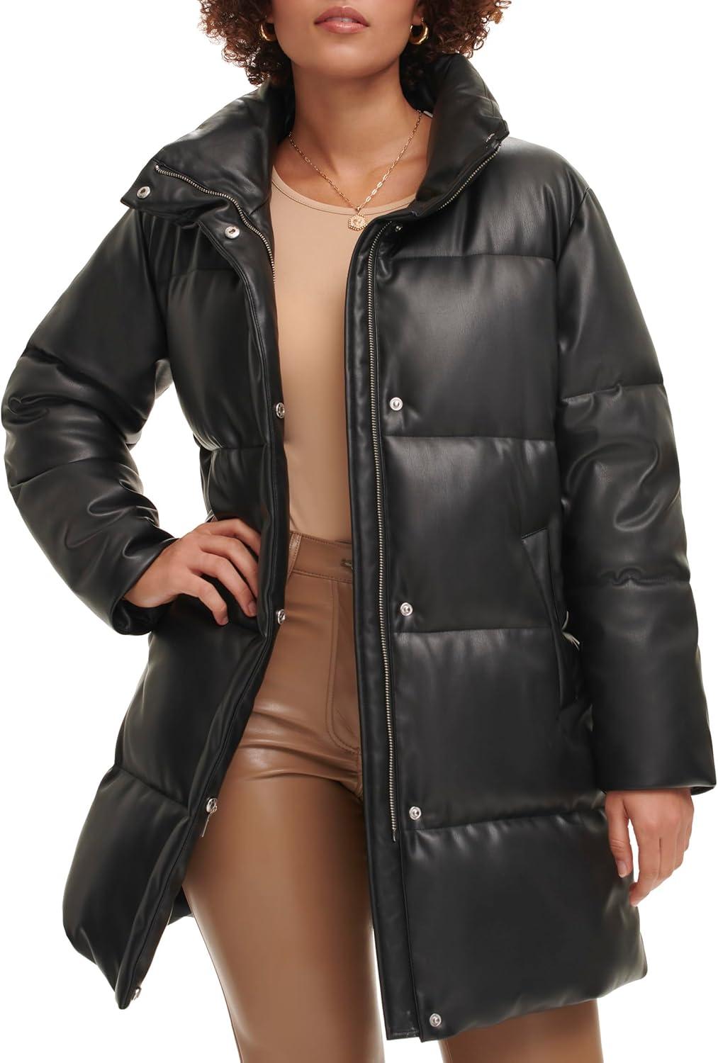 imageLevis womens Faux Leather Midlength Puffer CoatBlack