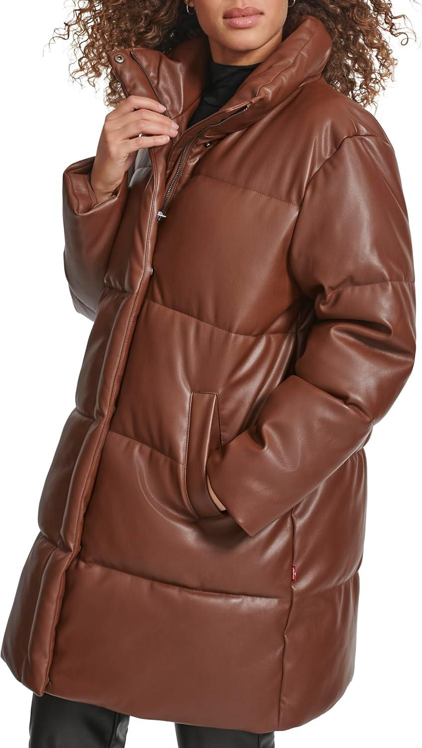imageLevis womens Faux Leather Midlength Puffer CoatDark Brown