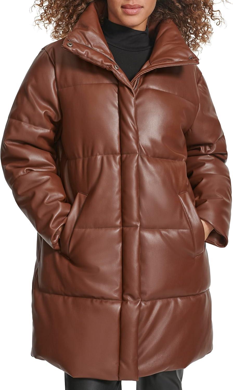 imageLevis womens Faux Leather Midlength Puffer CoatDark Brown