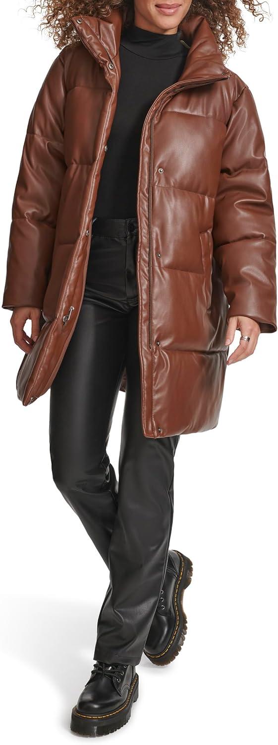 imageLevis womens Faux Leather Midlength Puffer CoatDark Brown