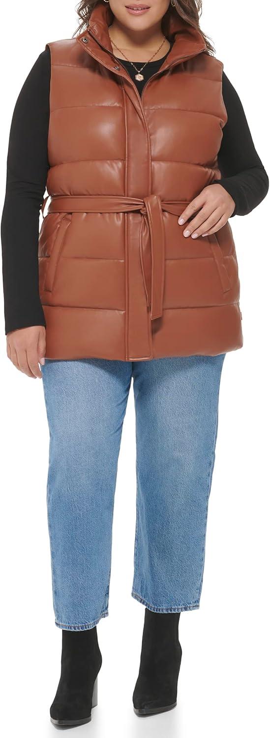 imageLevis womens Vegan Leather Puffer VestCamel With Belt