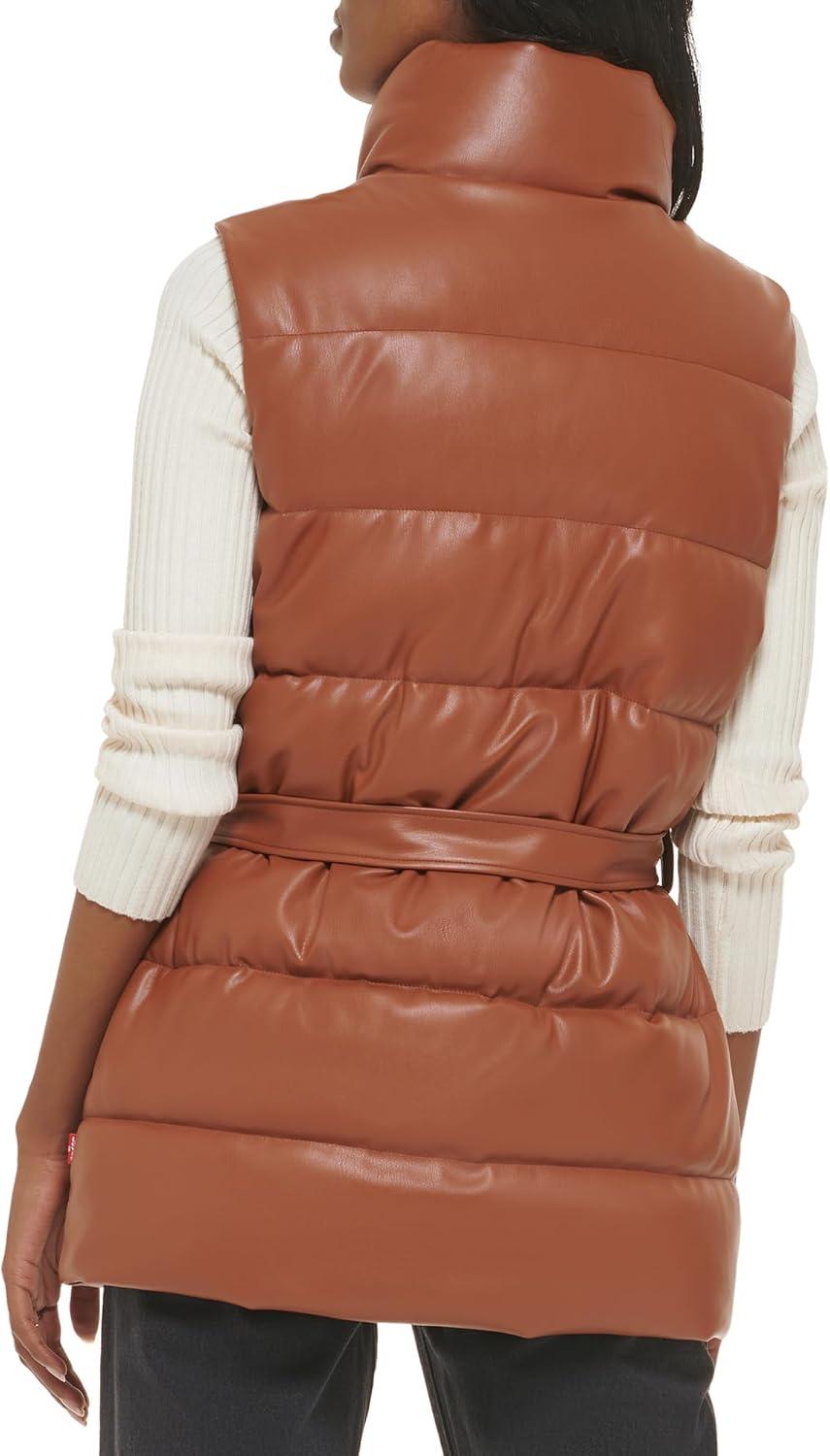 imageLevis womens Vegan Leather Puffer VestCamel With Belt